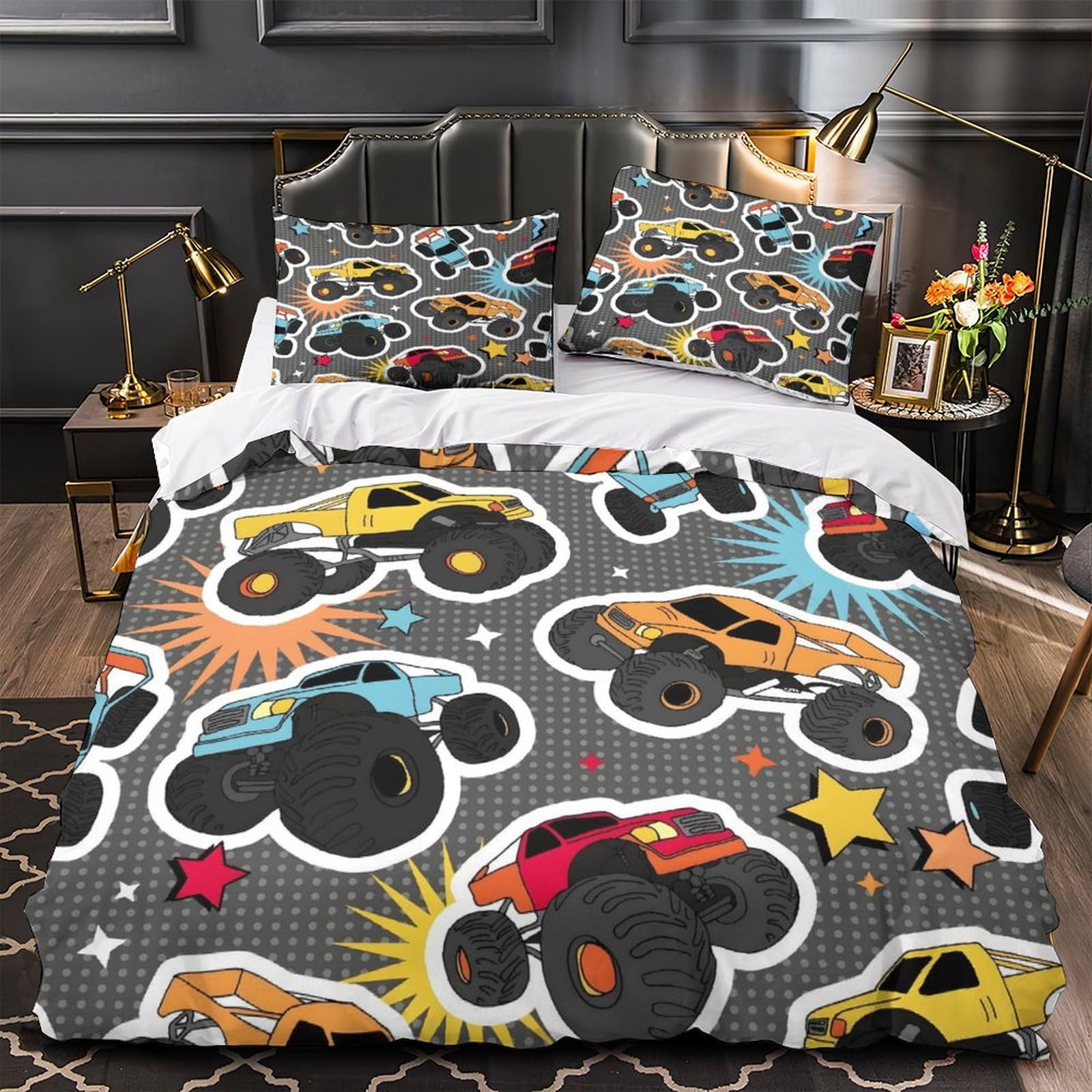 LIAOHENKAN Colorful Monster Truck Bedding Set Full Size Comforter Set 3Pcs for Teens Adults Breathable Quilt Set with Zipper Closure Ultra Soft Duvet Cover Set 3D Quilt Set Super King（260x220cm）