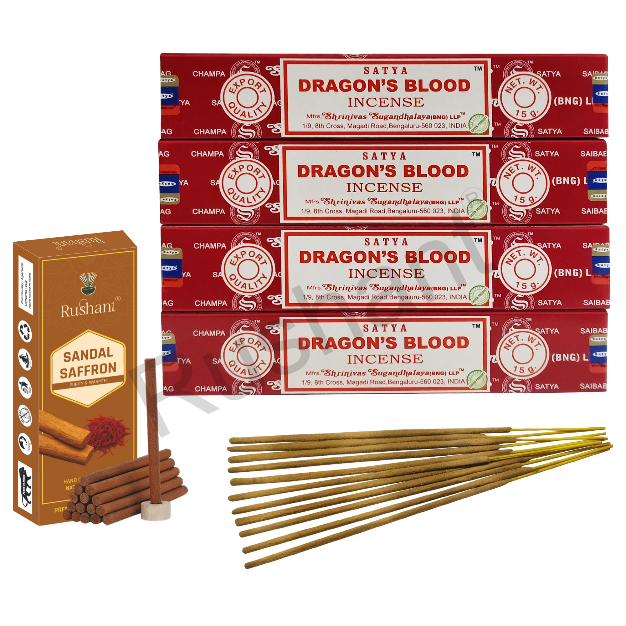 Rushant Sandal Saffron Dhoop Sticks with Satya Dragon’s Blood Incense Sticks – 15g x 4 Packs | Original Satya Agarbatti Combo for Meditation, Yoga, Relaxation, Pooja & Aromatherapy