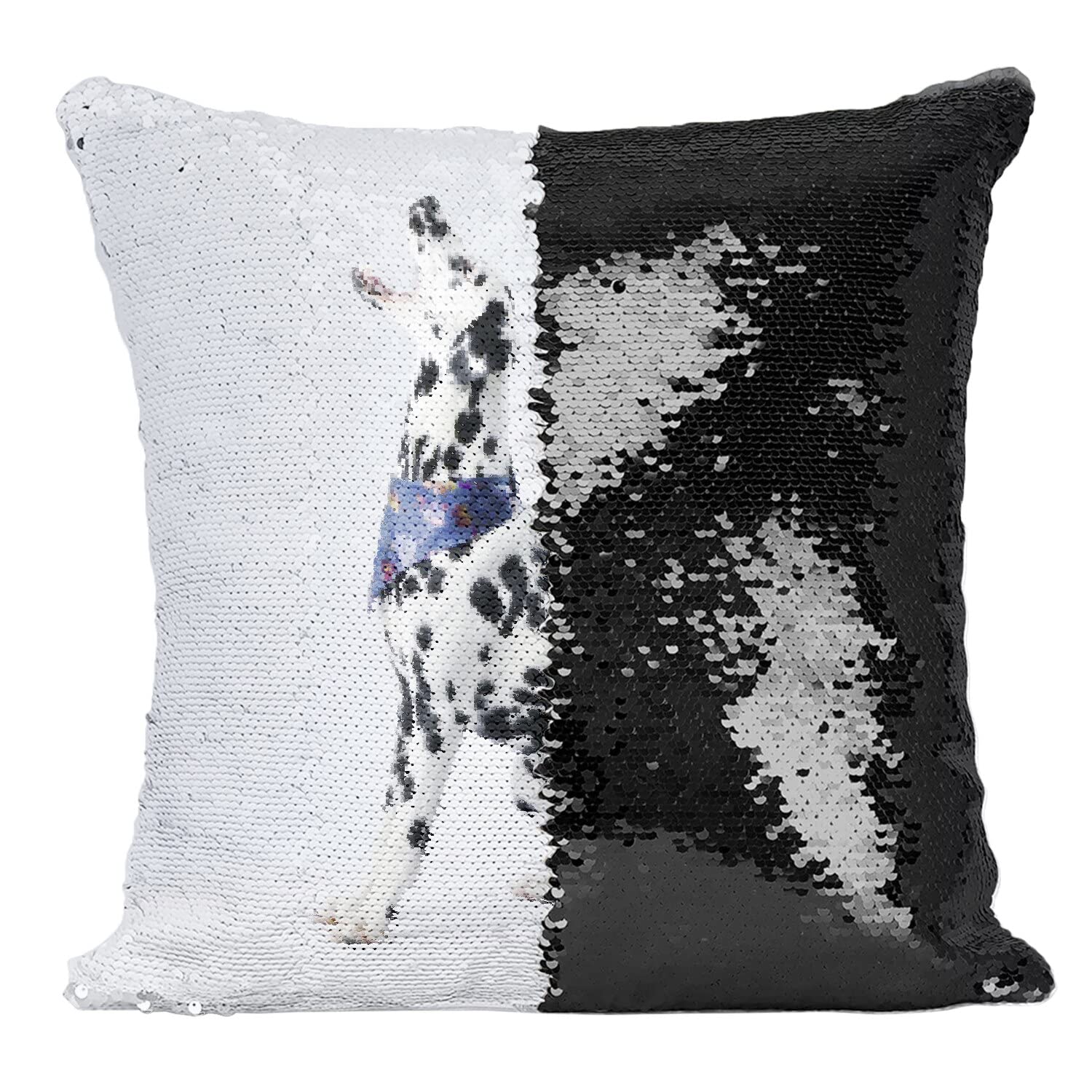 Coussin Dalmatien avec housse sequin noir et son bandana bleu et motifs