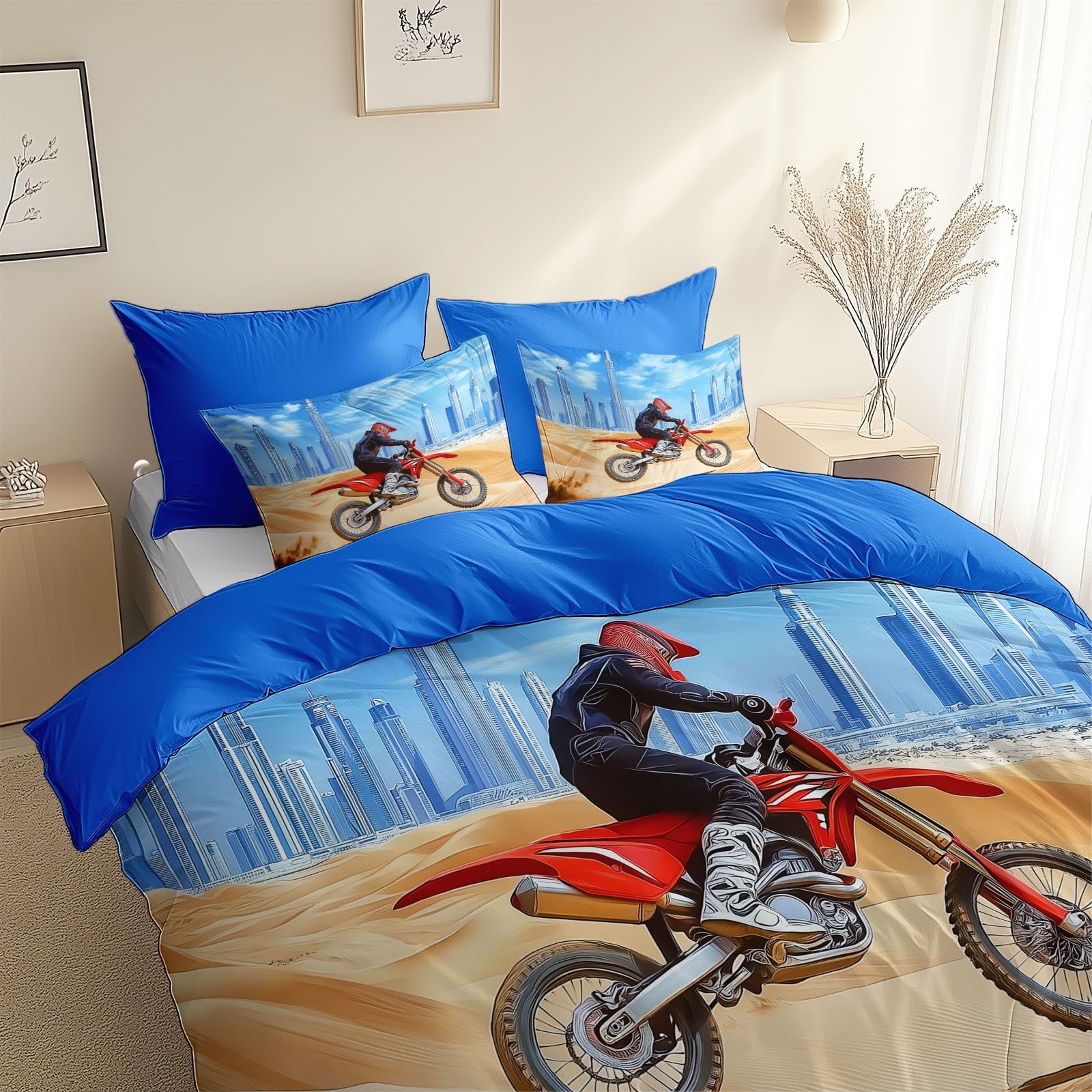 Komplet pościeli 260 x 240 cm, dla dorosłych, chłopców i dziewczynek, kreskówkowy komiks motocrossowy, wodospad, poszwa na kołdrę dla 2 osób, z zamkiem błyskawicznym, 3-częściowy z 2