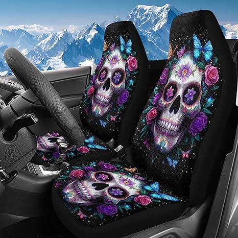 Bulopur Sugar Skull Auto Seat Covers for Trucks SUV Car Front Seat Covers Set of 2 Day of The Death Car Interior Decor Universal High Back Carseat Cover Washable Fabric