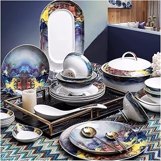 Dining Plate Set 56-Piece Dinnerware Sets American Light Luxury Plate and Bowl Set Ceramic Bone China High-end Dishware Sets for 10 People