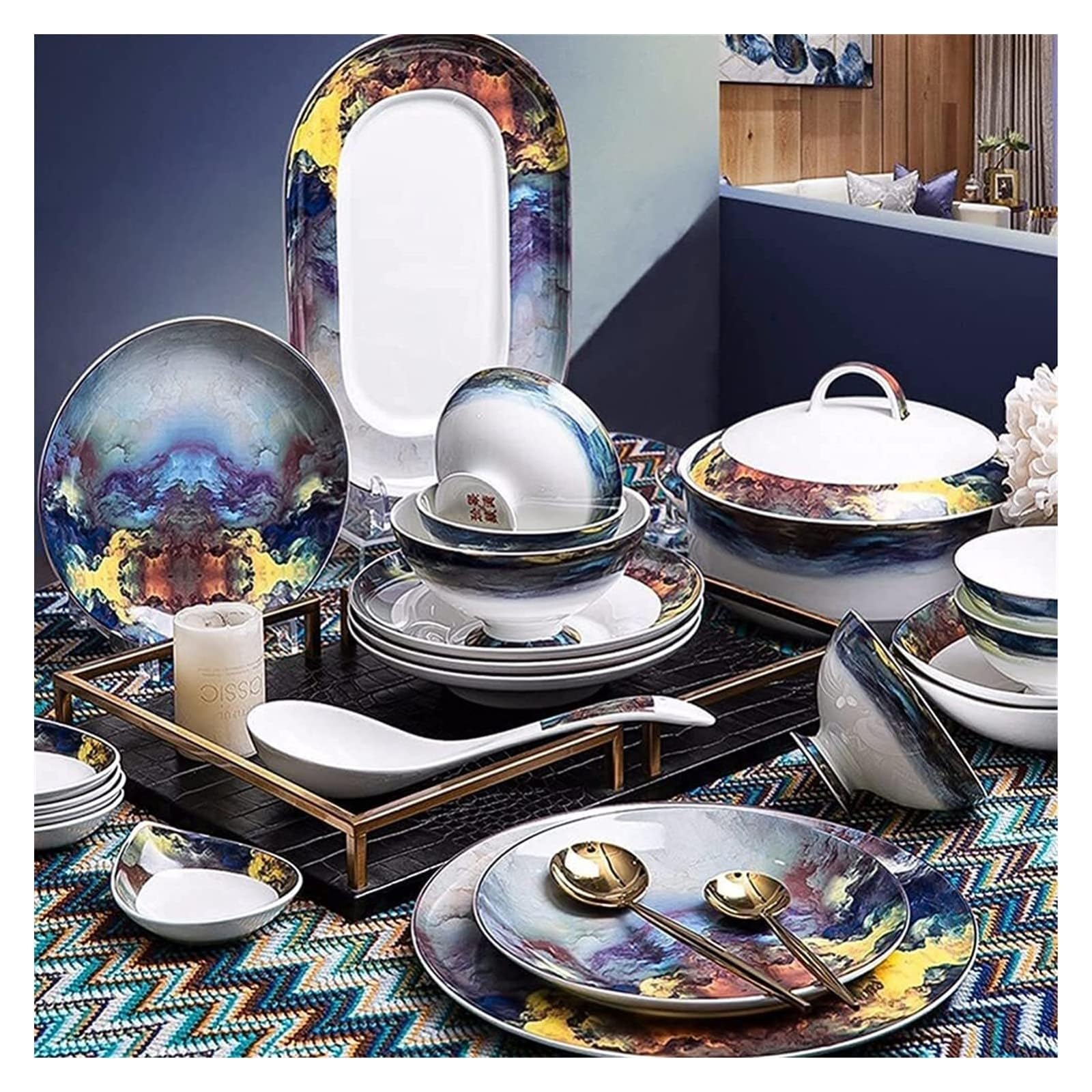 Speiseteller-Set, 56-teiliges Tafelgeschirr-Set, amerikanisches leichtes Luxus-Teller- und Schüssel-Set, Keramik-Bone-China, hochwertige Geschirr-Sets für 10 Personen