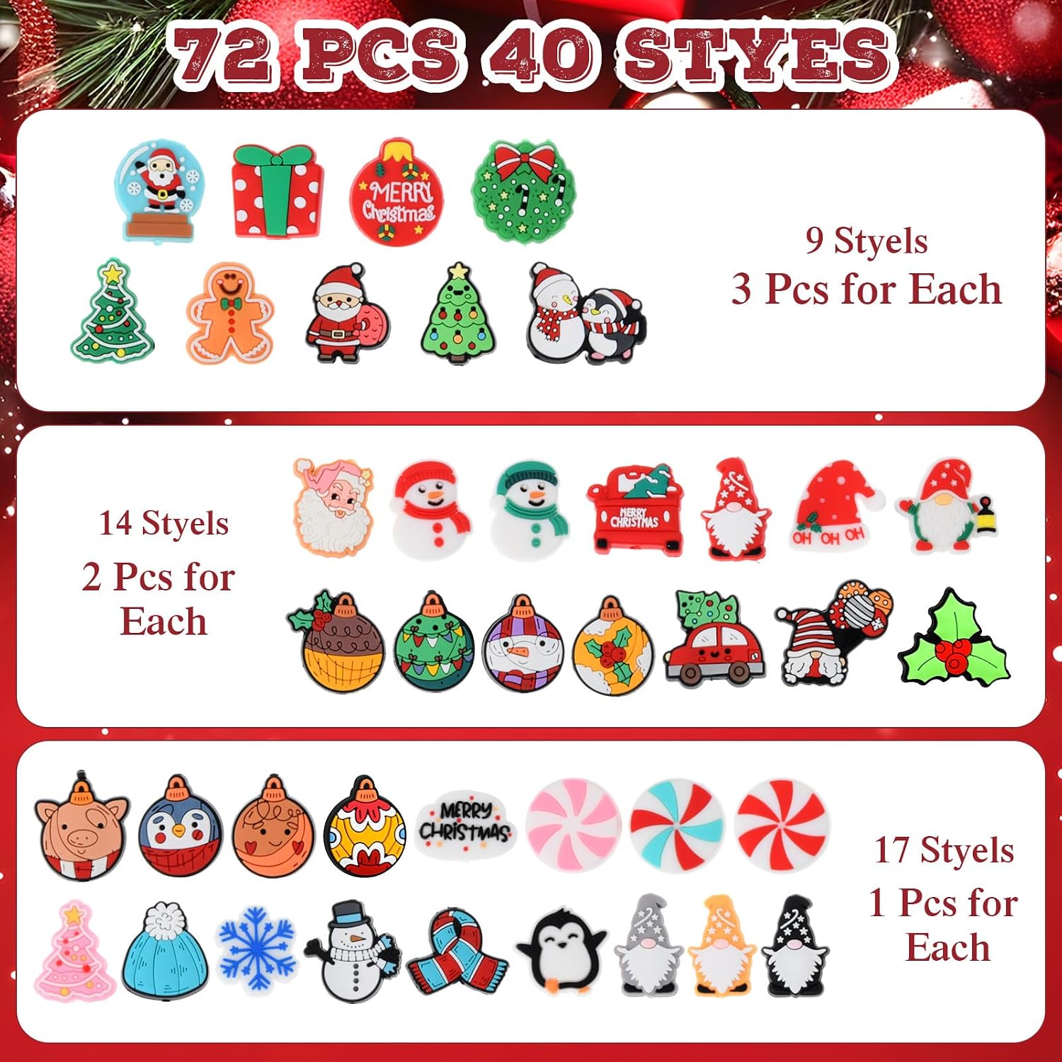 Suncalla 72 Pcs Christmas Silicone Focal Beads for Pens Christmas Character Beads Bulk for DIY Beadable Keychain Making Necklace Bracelet Jewelry Crafts Making Kit Supplies Xmas Party Holiday Gifts