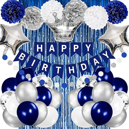Miniatura 1 de Iysoll Decoraciones de fiesta de cumpleaños azules y plateadas para hombres y niños, globos azul rey azul marino, pompones de feliz cumpleaños,