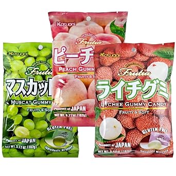 Variety 3 packs Kasugai Peach Gummy Candy, Lychee Gummy Candy, Muscat Gummy Candy, Fruity and Soft, Frutia with Real Fruit Juice, Gluten Free, Individually Wrapped, 3.77oz,3.77oz,3.59oz Total 11.13 oz