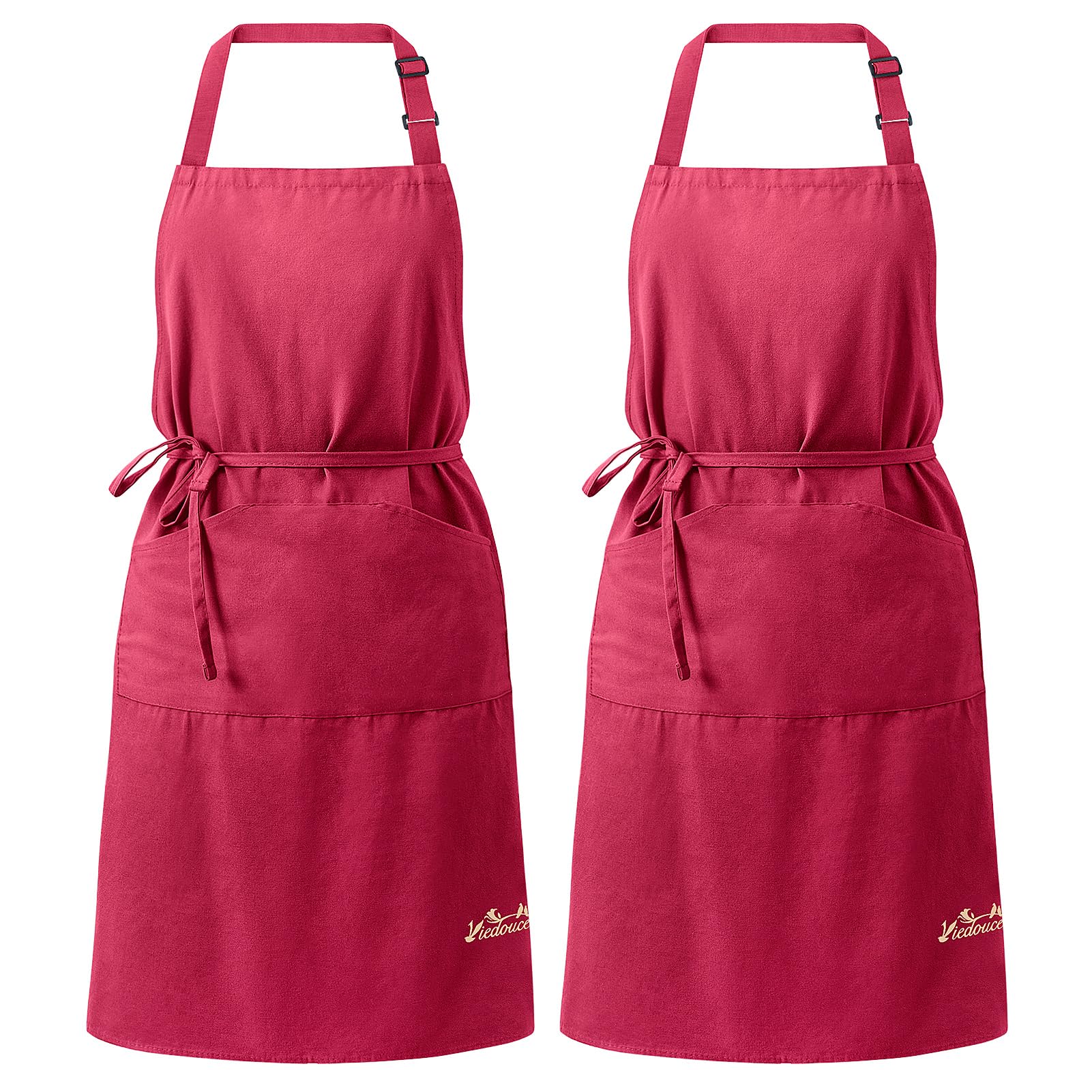 Viedouce 2 Packs Red Cotton Aprons, Adjustable Chef Aprons with Pockets for Adults One Size Fits All, 82x70 cm