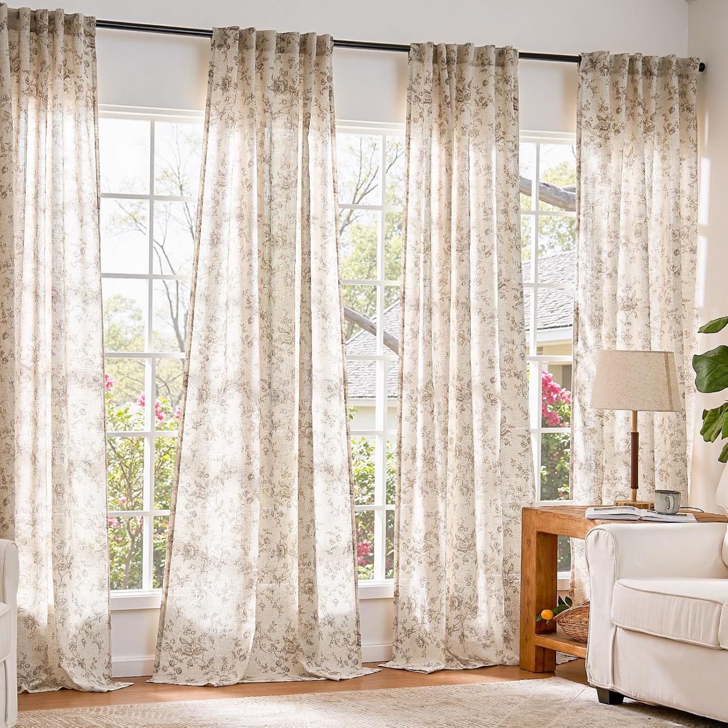 jinchan Amlie Linen Floral Curtains 84 inch Length Curtains for Living Room Bedroom Farmhouse Country Decor Drapes Light Filtering Window Treatment Back Tab Rod Pocket 2 Panels Taupe