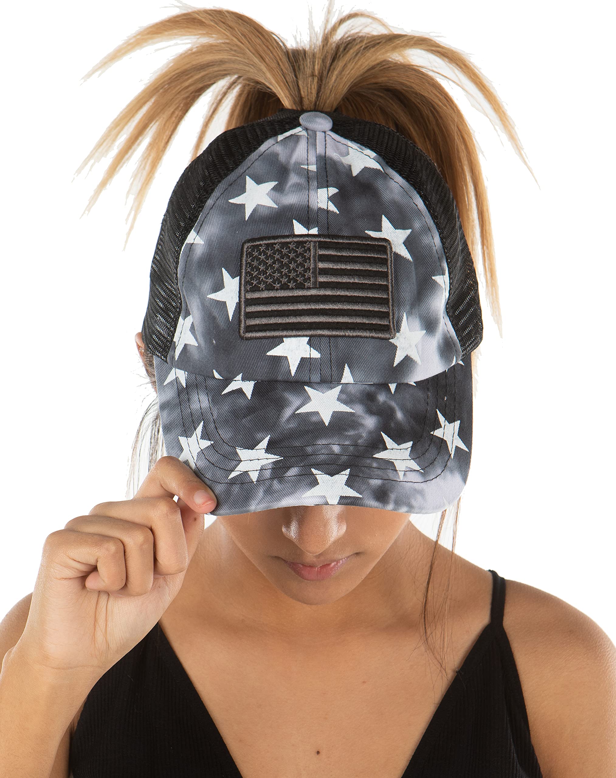 Funky JunqueWomens Baseball Cap Dad Hat Ponytail Messy Bun Ladder Back Ponycap