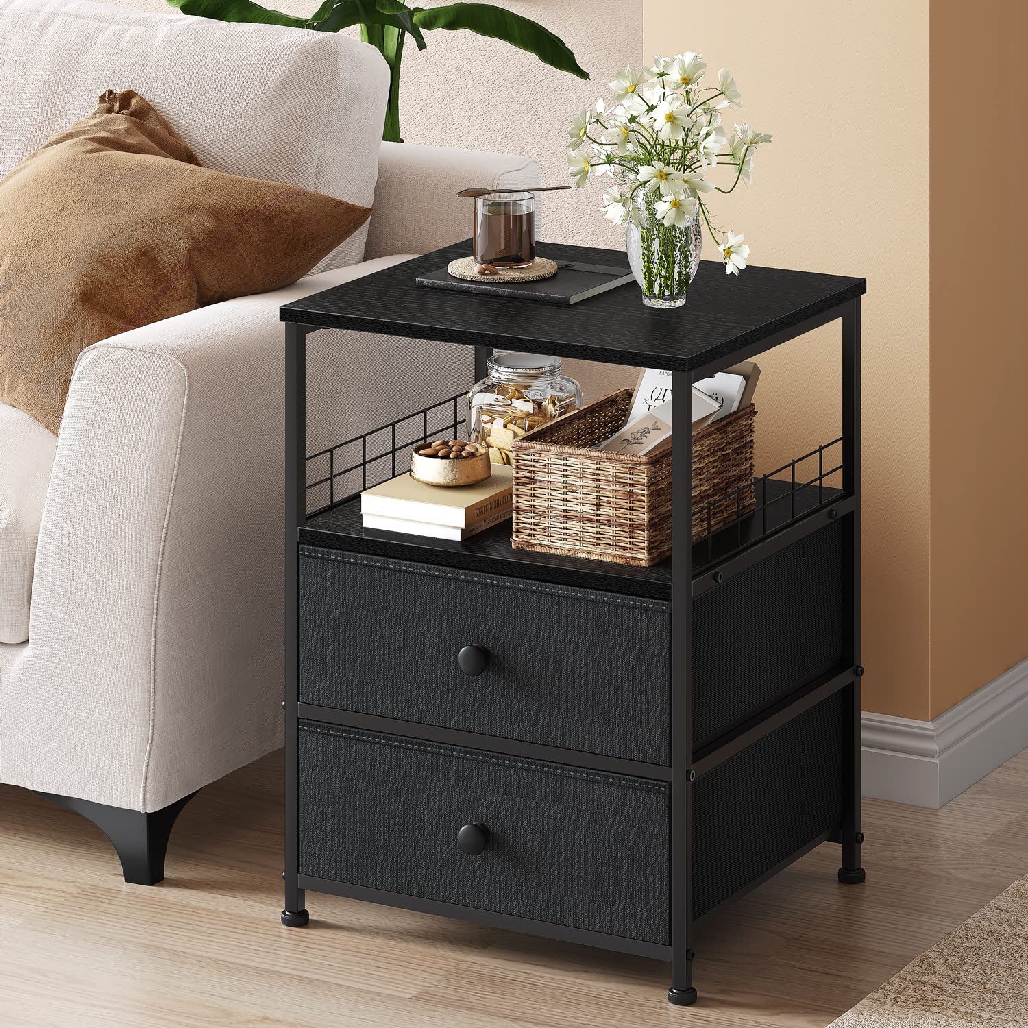 EnHomee 17.8" W Nightstand, End Table with Fabric Drawers and Open Wood Shelf Storage,Safety Netting on 2 Sides of Night Stand,Bedside Table with