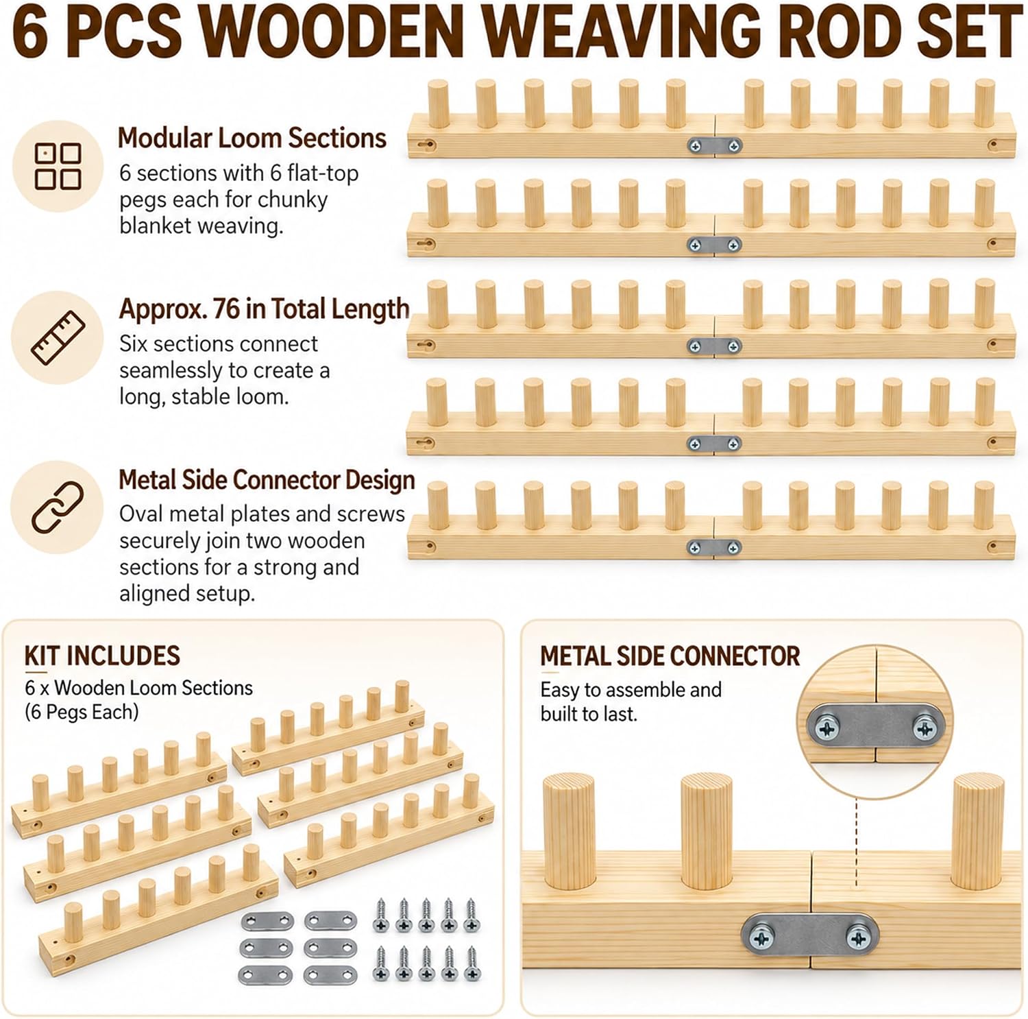 76" Wooden Chunky Blanket Loom, 6 Pcs Wooden Knitting Loom Set for DIY