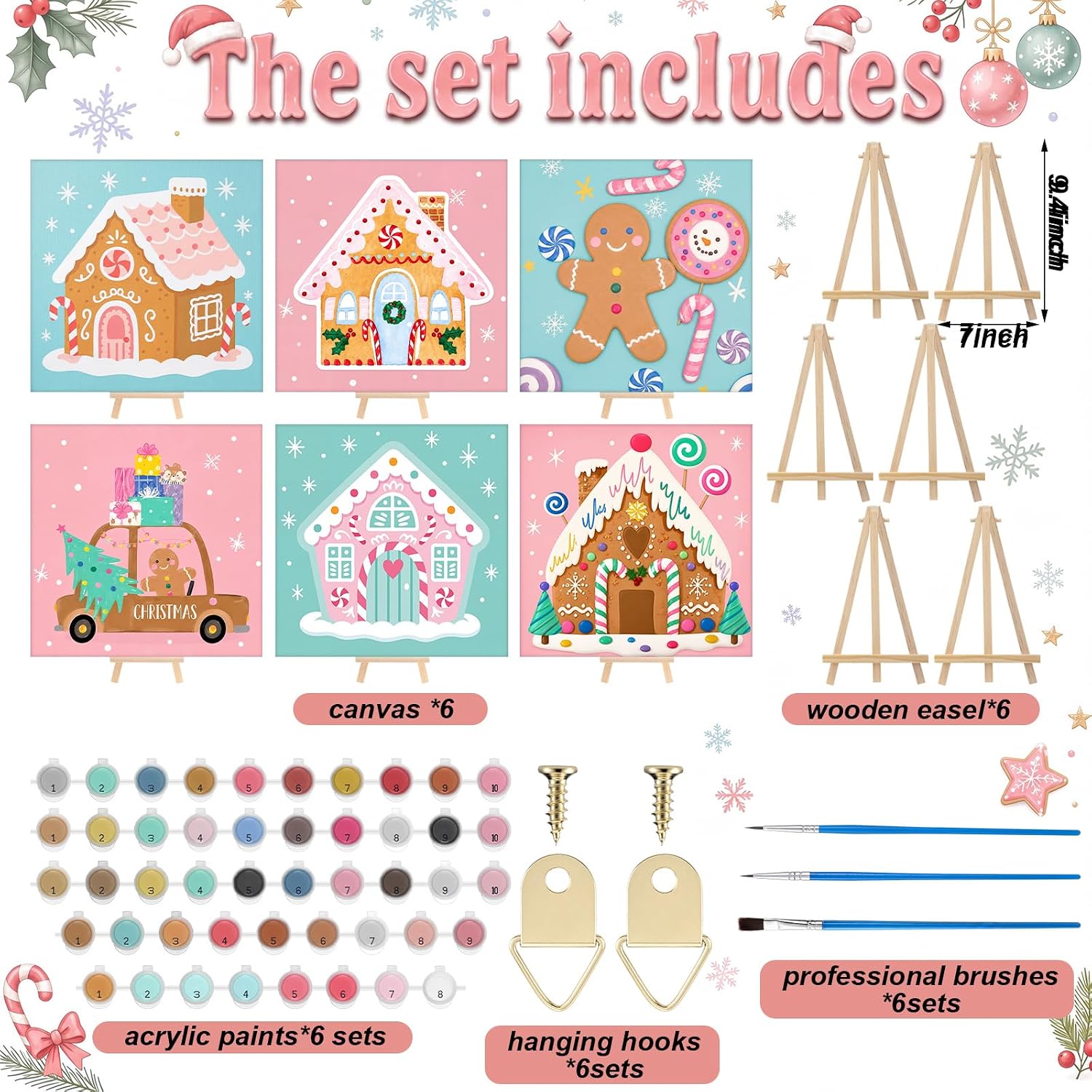 Marspark 6 Pcs Pink Pastel Christmas Paint by Numbers Kit for Adults image 2