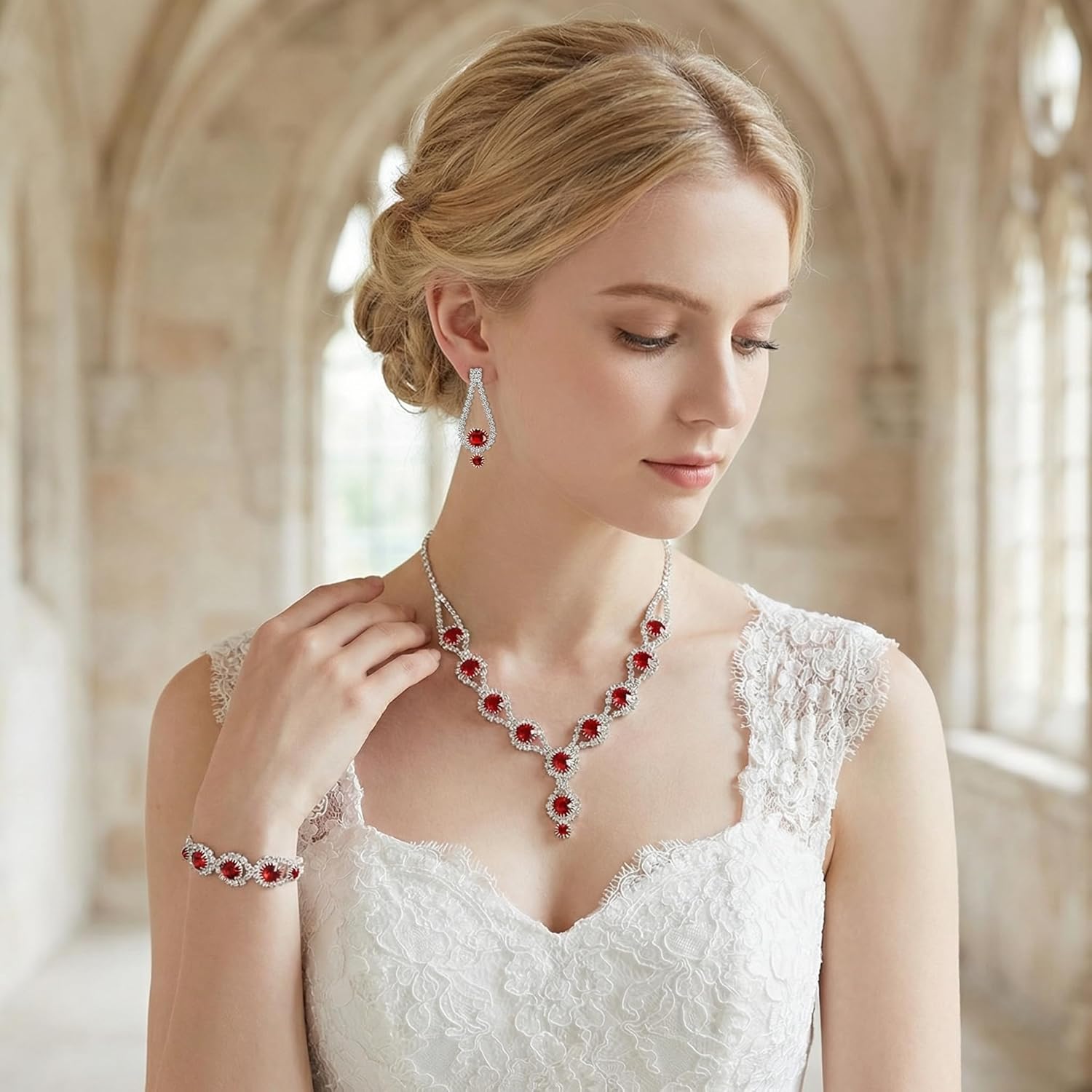 Crystal Jewelry Set for Wedding Prom Party Bridal Crystal Necklace Earrings Bracelet Set Bridal Wedding Elegant Floral Jewelry Set for Women/Brides/Bridesmaids - Image 3