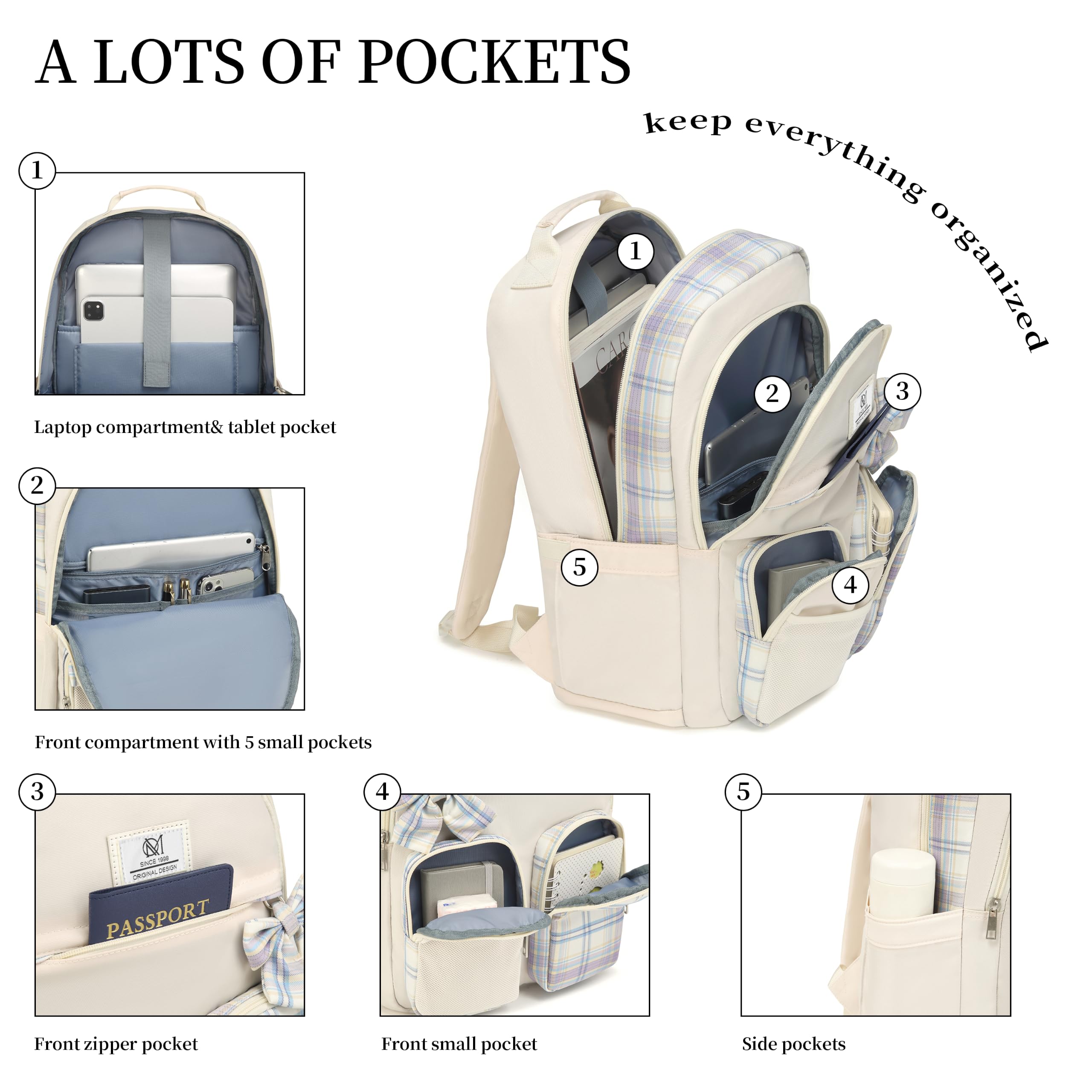 Zaino da scuola per adolescenti, zaino estetico con scomparto per laptop per studenti delle scuole medie, mochila para niñas, beige