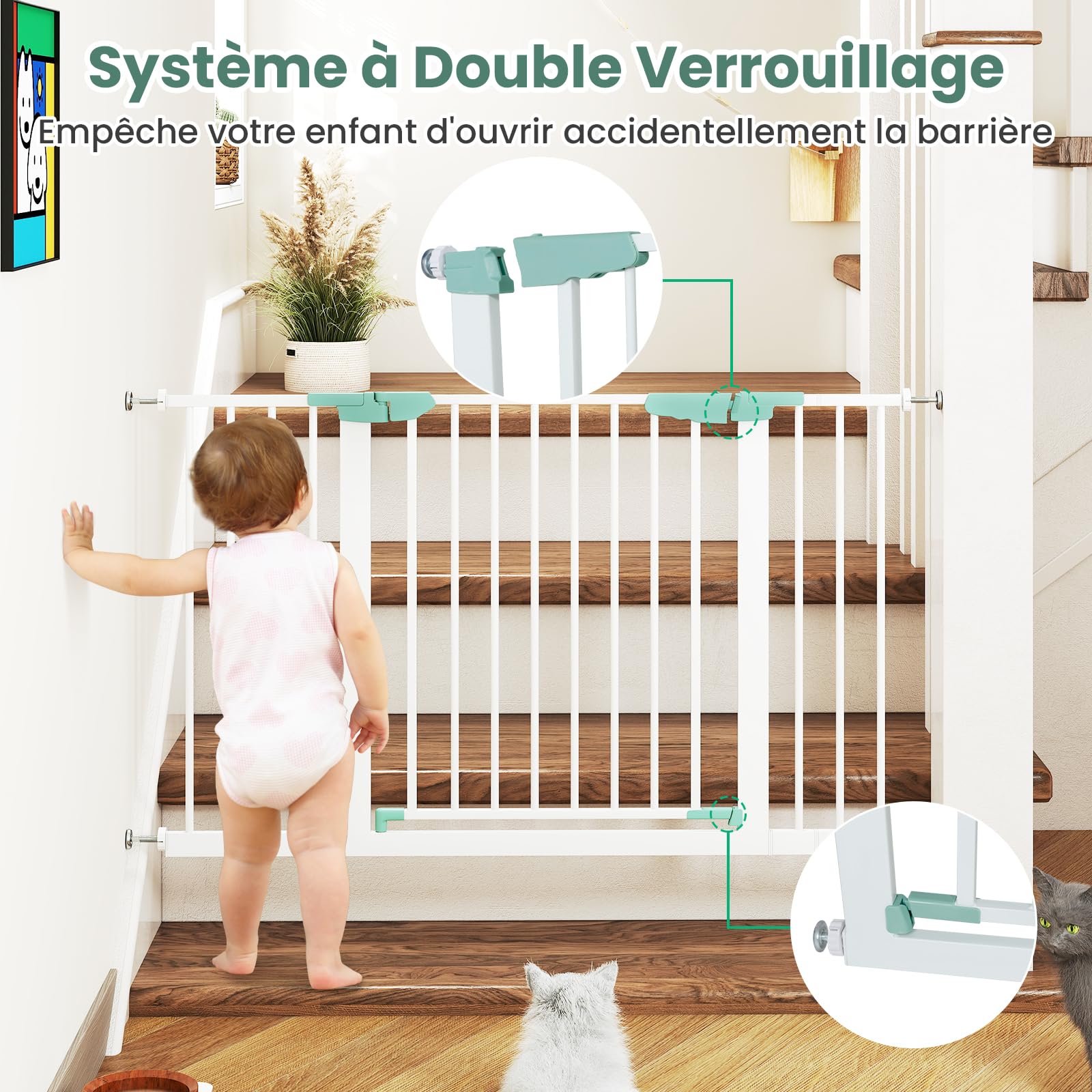 DREAMADE Barriere de Securite Enfant et Animaux sans Perçage 80-132CM avec Extension et Kit de Montage,Barrière d'Escalier à Fixation par Pression avec Fermeture Automatique,Cadre Métal (Blanc)