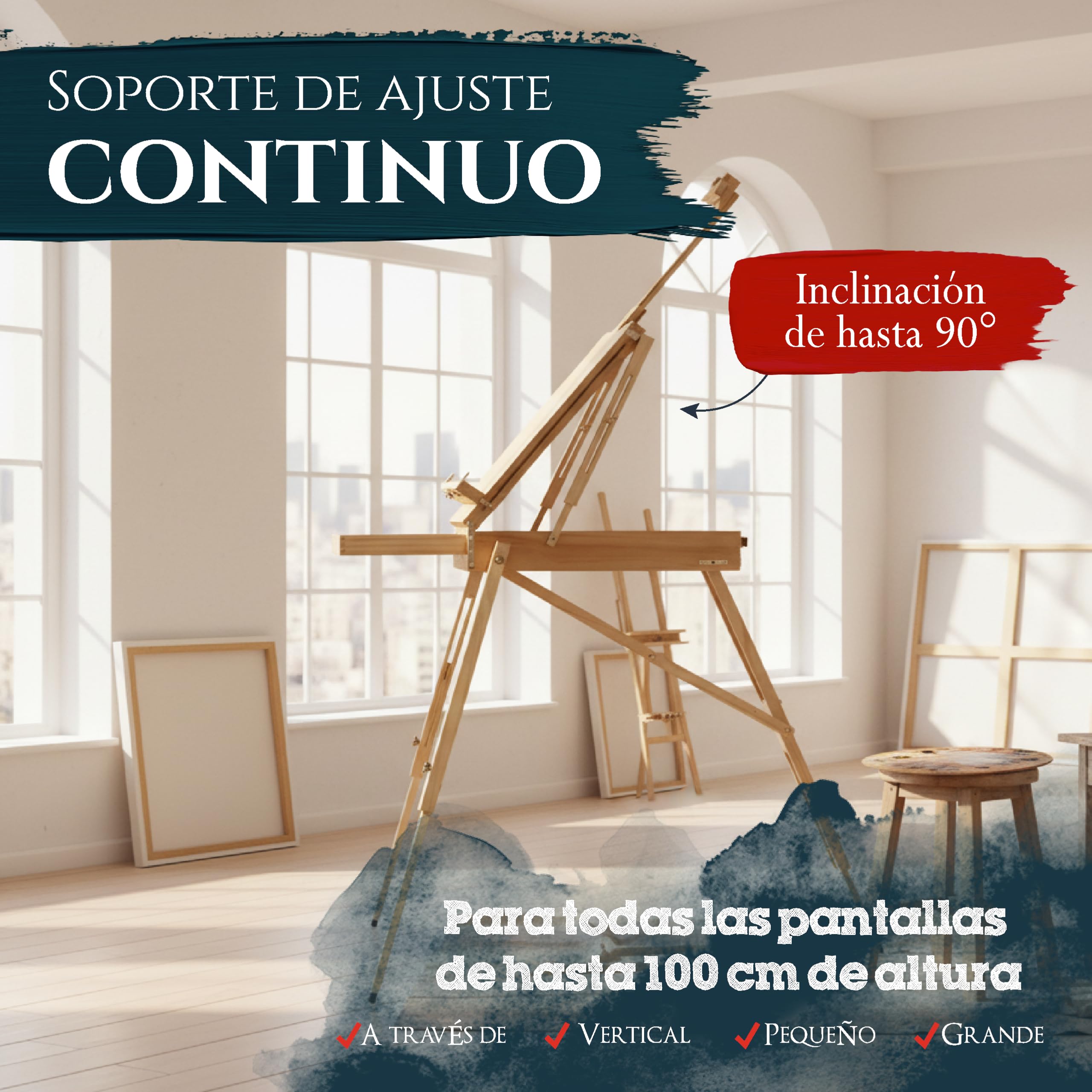 Artina Caballete maletín de pintura con paleta para lienzos hasta 100cm | Trípode madera pintor con inclinación integrado paleta versátil Madrid