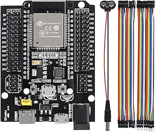 ESP32-WROOM-32 ESP32 ESP-32S Development Board 30Pins CP2102 2.4 GHz WiFi Bluetooth Dual Core for Arduino DOIT, with Type-C USB GPIO Breakout Expansion Board + 9V Battery Power Cable + Jumper Wire