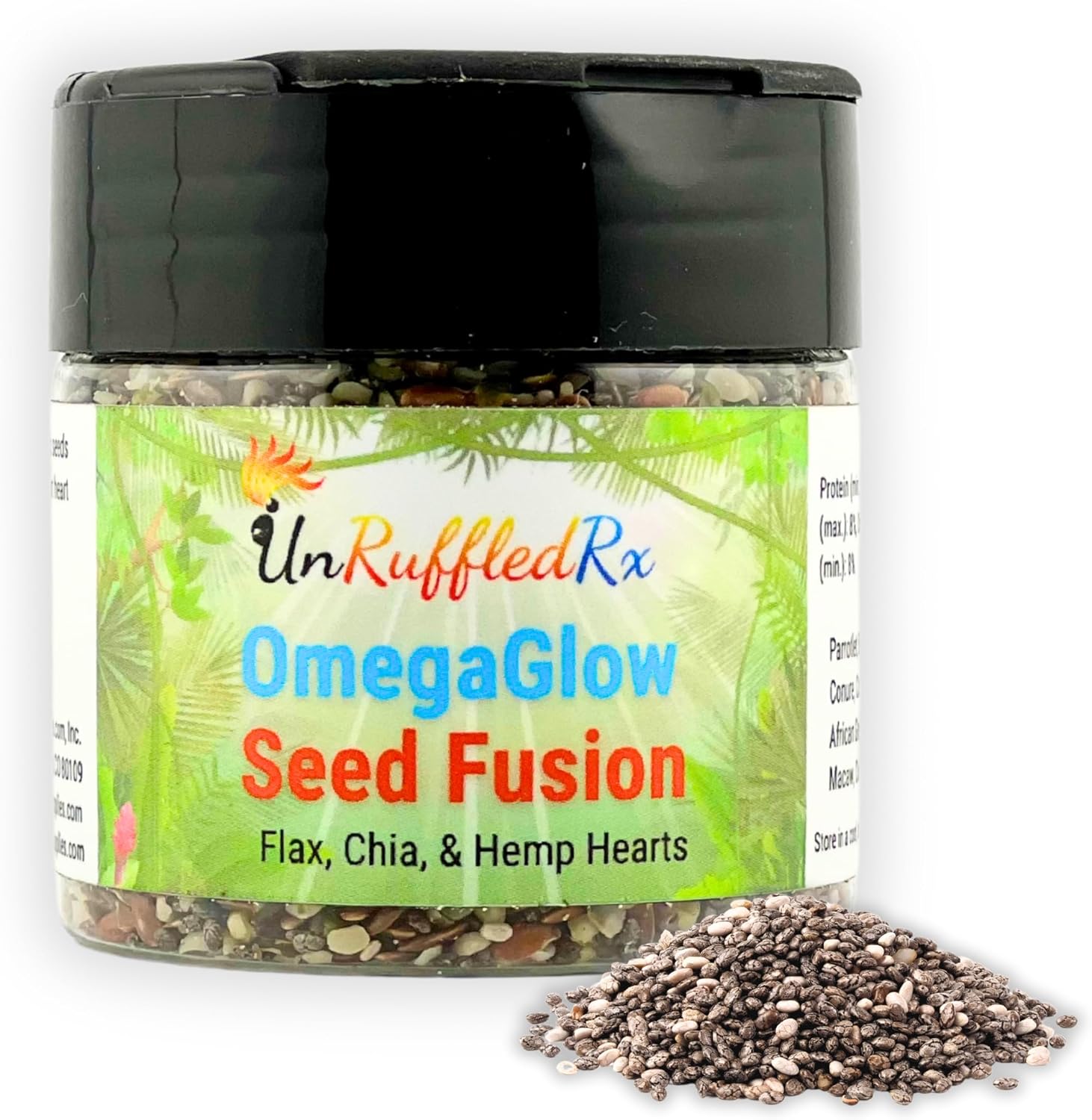 UnRuffledRx™ OmegaGlow for Birds – Raw, Natural Seed Blend for Feather Growth & Molting Support – Skin & Immune Health with Chia, Flax & Hemp Seeds – Helps Reduce Plucking – 2 oz Shaker Jar
