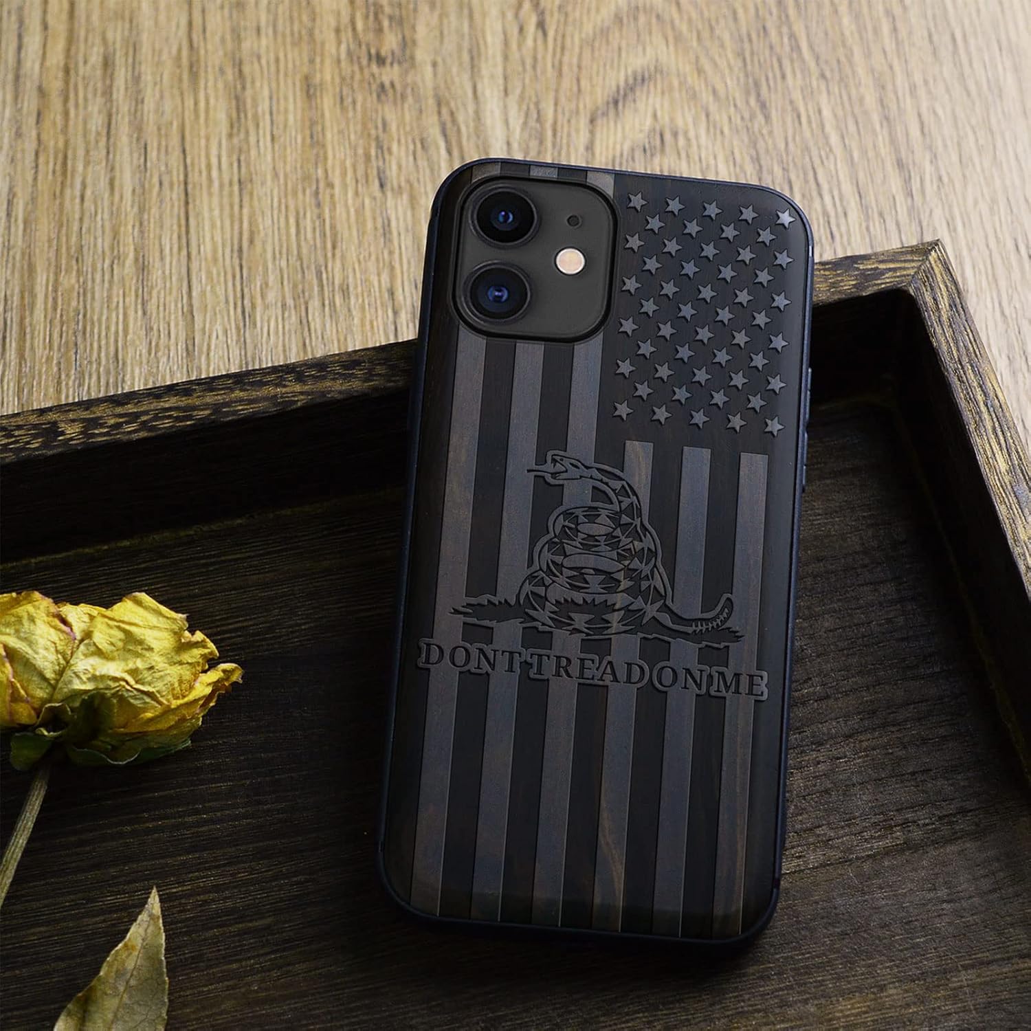 Carveit Wood Case for iPhone 11 Case [Natural Wood & Black Soft TPU] Shockproof Protective Cover Unique Wooden Phone Protector Compatible with iPhone 11 (Gadsden Flag-Blackwood)