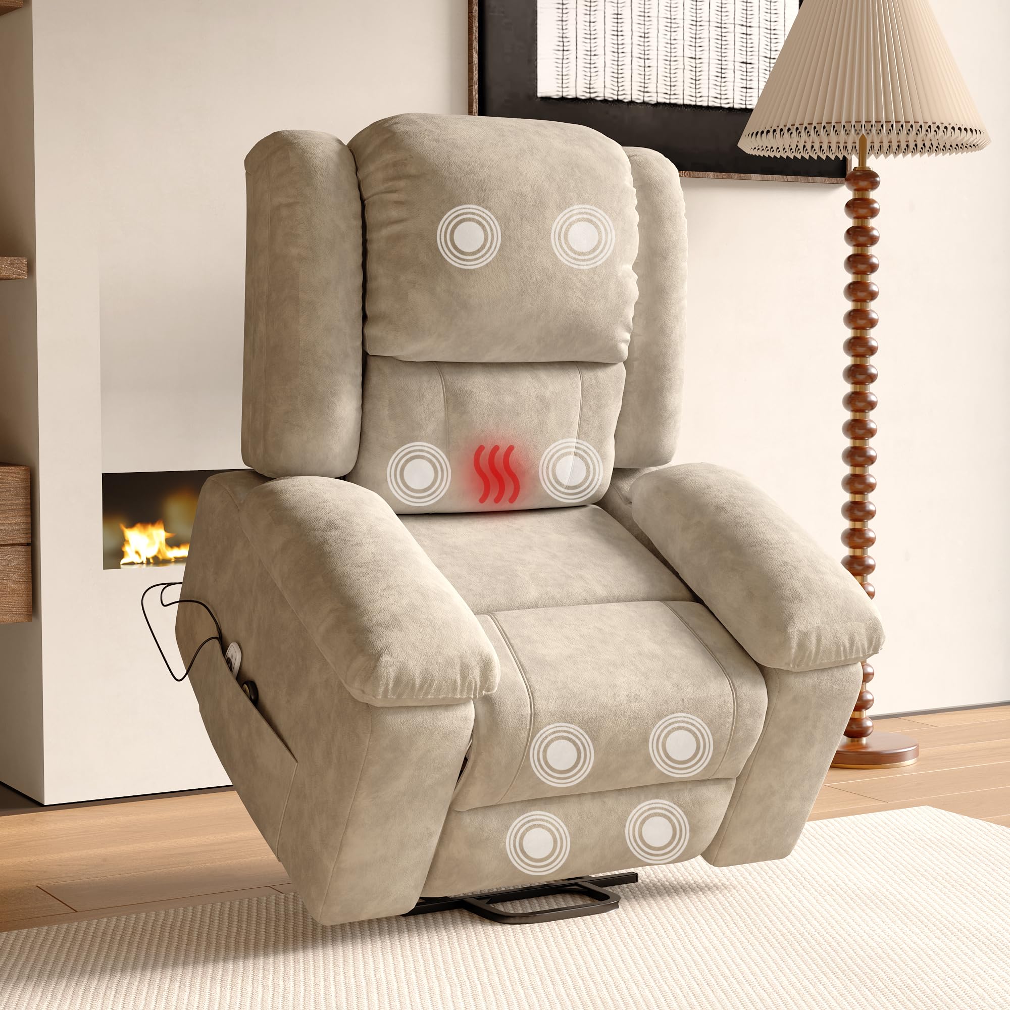 Fauteuil Releveur Électrique,Fauteuil Massant Relax avec Fonction Massage et Chaleur,Aide à la Verticalisation, Massage, Chauffage, Repose-Pieds, Poches, Port USB, Tissu Éponge (Beige)