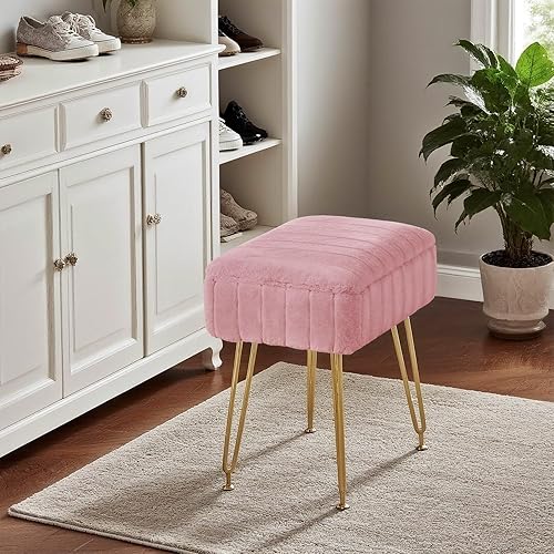 Miniatura 8 de Taburete de tocador con almacenamiento, silla de tocador rosa, 4 patas de metal con pies antideslizantes, asiento acolchado suave de piel sintética,
