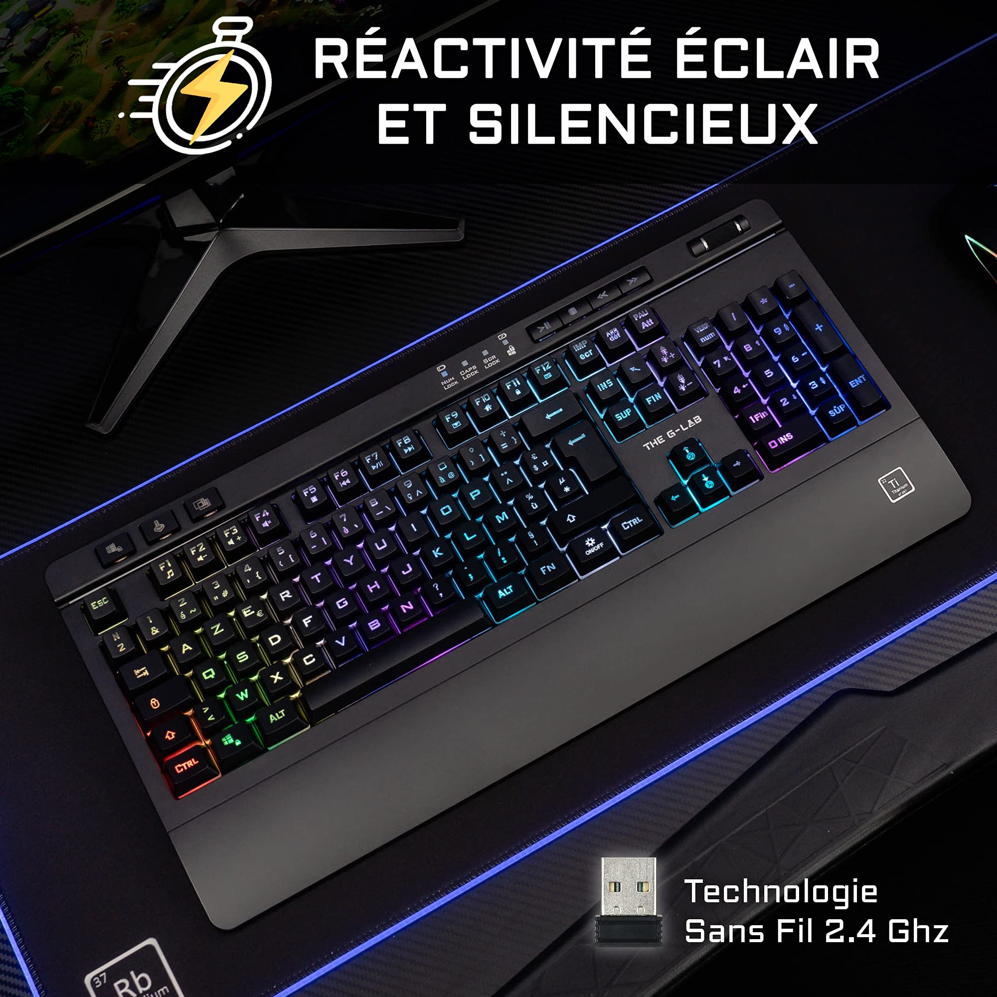 The G-Lab Clavier Gaming Sans Fil - Touches Membrane - AXS KEYZ-Titanium - Repose poignet et molette de Volume
