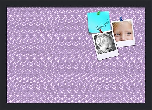 PinPix Tablero de anuncios de corcho de 20 x 14 pulgadas. Este tablero decorativo enmarcado viene con diseño de círculos morados y un marco negro