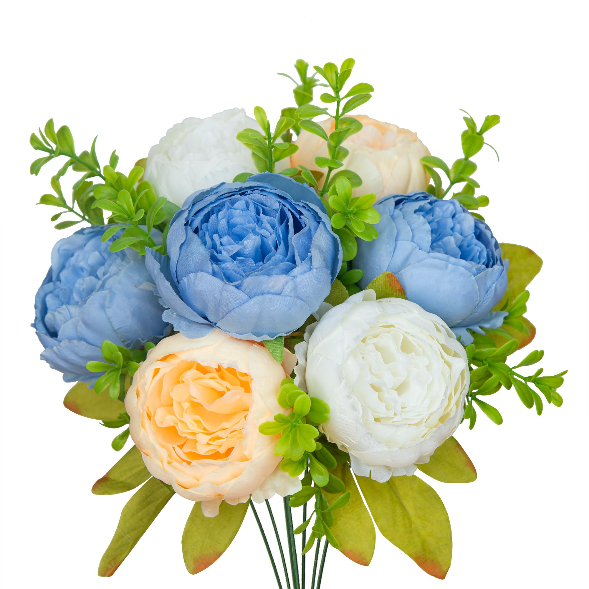 Huahuashijie Vintage Artificial Peonies White Blue Silk Peony Flowers Bouquet Plastic Flowers Decor for Home Wedding Party Decoration