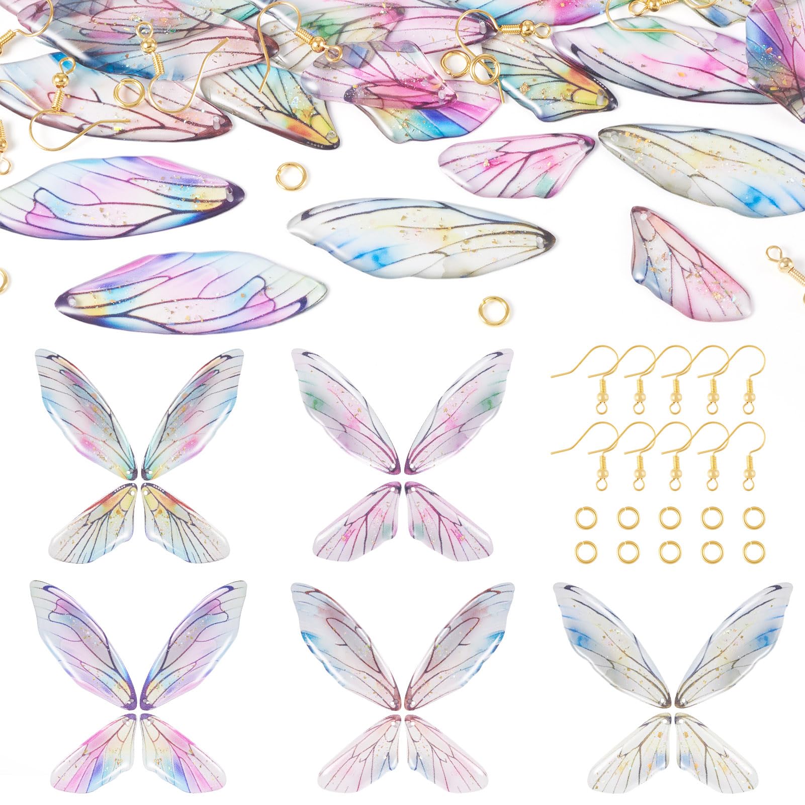 Spritewelry 20 pcs Resin Wing Charms Colorful Insect Dragonfly Wing Feather Dangle Charms Butterfly Wing Pendants Kits with Gold Foil for Jewelry Making — image 1