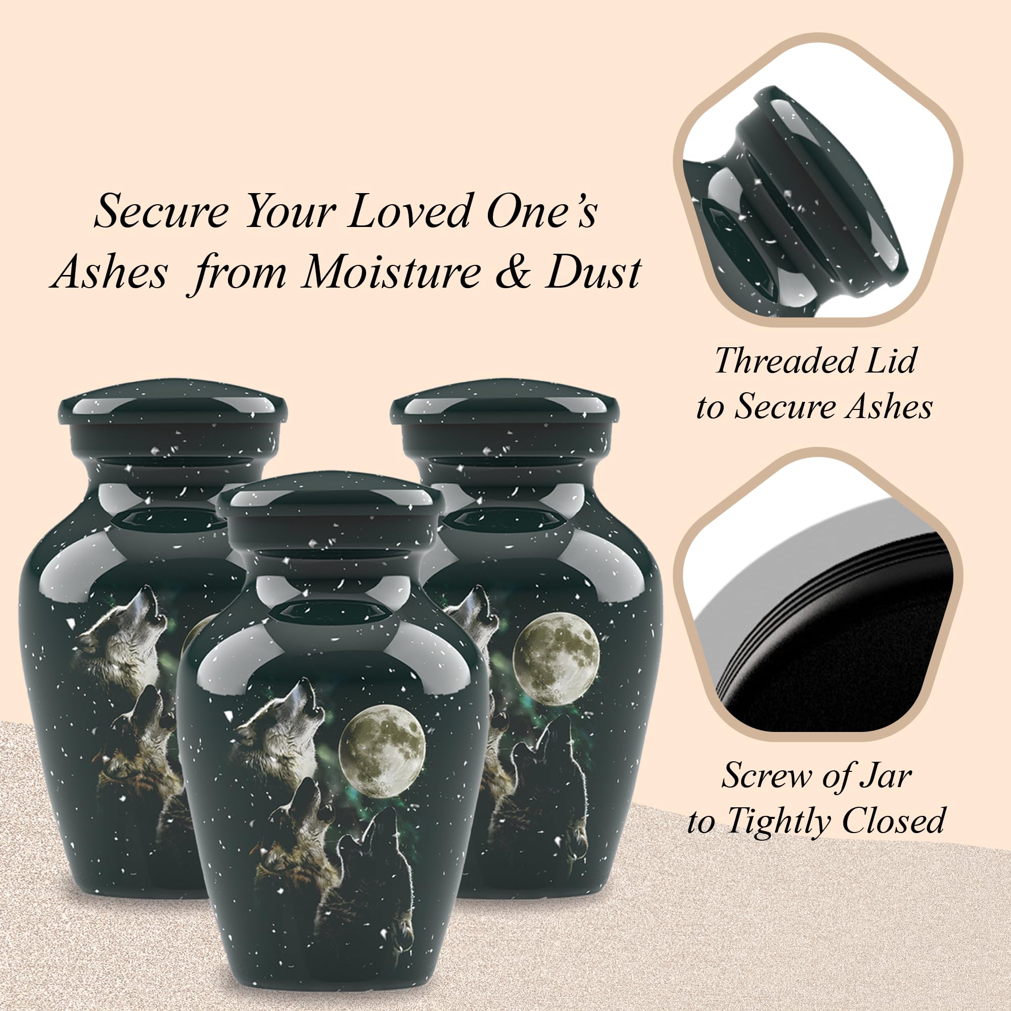 Forever Urnas de cremación para cenizas, urna clásica de cremación de 3 lobos para cenizas humanas, completamente hecha a mano con caja de protección de terciopelo (juego de 3 recuerdos)