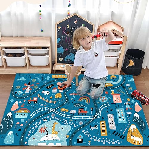 Miniatura 3 de Alfombra de coche para niños de 2 pies 7 pulgadas x 3 pies 11 pulgadas, alfombra de juego para autos de juguete, alfombra de bosque de la ciudad,