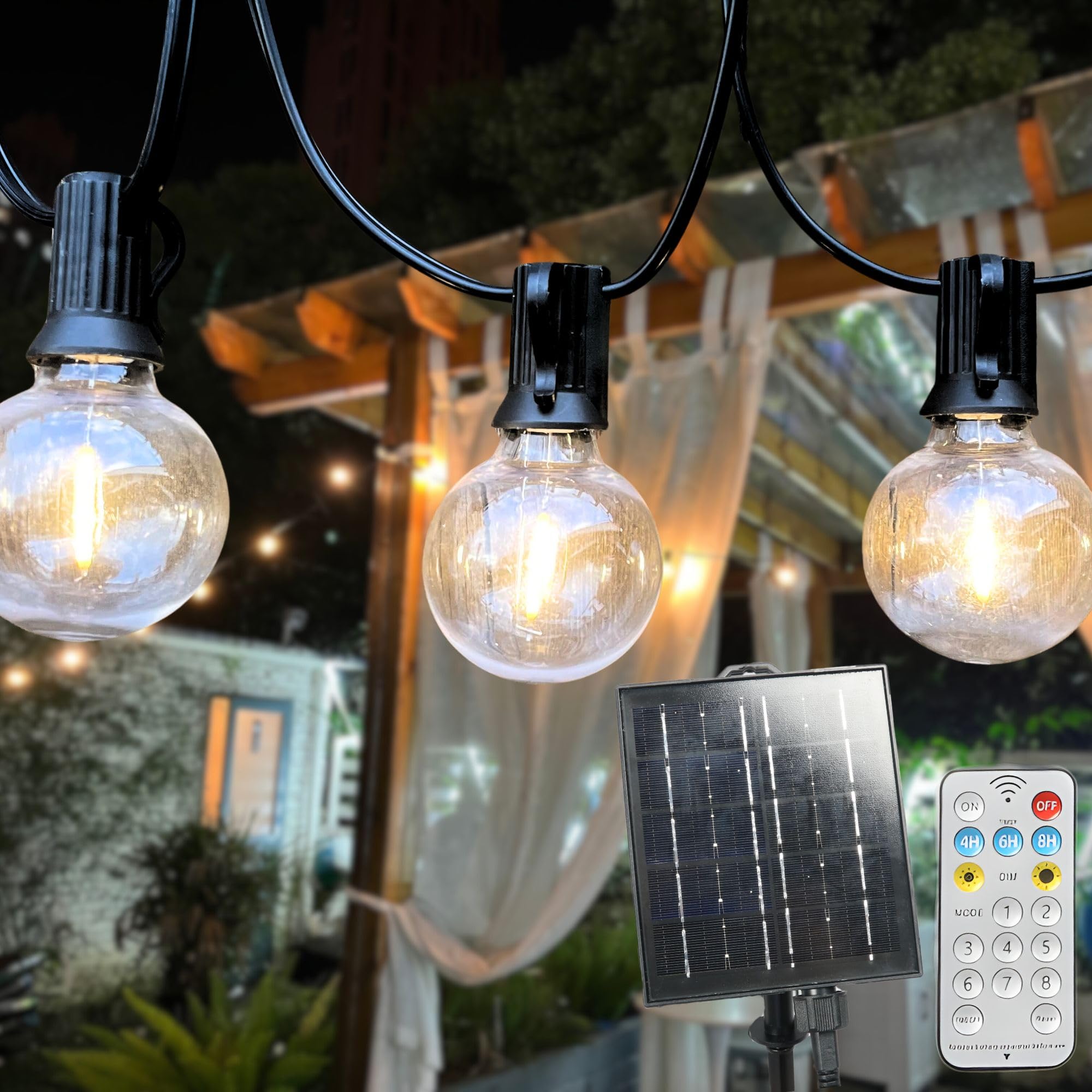 Ark Mat Lumo Sunline G40 Solar String Lights | Warm 2200K LED Bulbs, Remote Control, 8 Lighting Modes, IP44 Waterproof Festoon Lights for Garden, Patio & Party 15 Meters Long