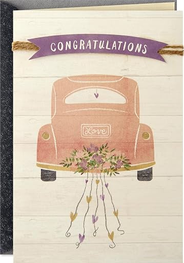 Hallmark Wedding Card (Enjoy the Journey!) for Bridal Shower, Engagement | Pink Car and Floral Artwork, Foil Accents, Coordinating Envelope Included, High Quality Paper Stock, 5 X 7.2 in, Single Card