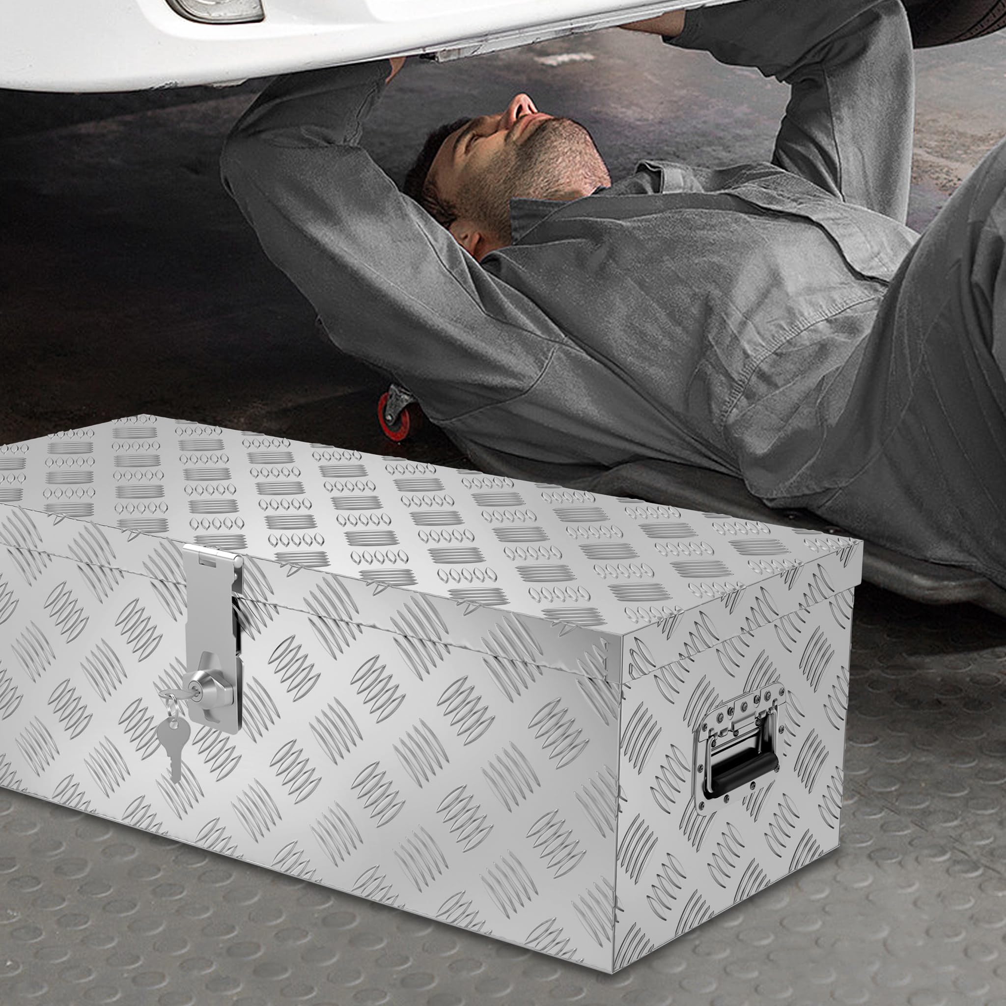 ACXIN Caja de almacenamiento de aluminio 800x220x225 mm, caja de herramientas de aluminio con cerradura y 2 llaves, robusta caja de timón con cerradura para el remolque, estable e impermeable (plata)