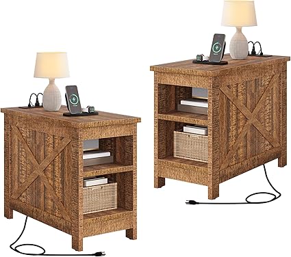 DWVO 2PCS Farmhouse Nightstand with Charging Station & Storage Shelves, Narrow Side Table for Small Spaces Bedroom/Living Room, Brown