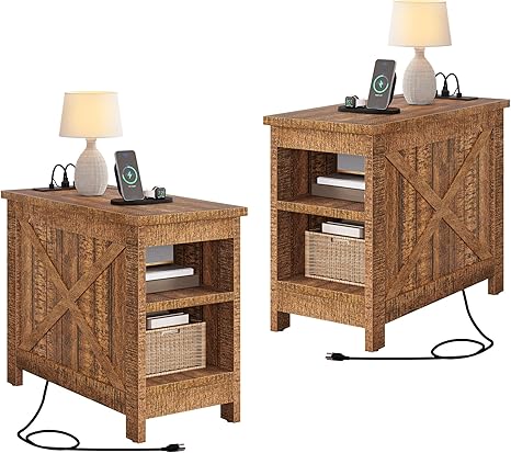 DWVO 2PCS Farmhouse Nightstand with Charging Station & Storage Shelves, Narrow Side Table for Small Spaces Bedroom/Living Room, Brown