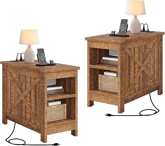 DWVO 2PCS Farmhouse Nightstand with Charging Station & Storage Shelves, Narrow Side Table for Small Spaces Bedroom/Living Room, Brown