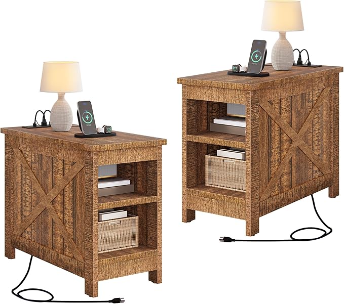 DWVO 2PCS Farmhouse Nightstand with Charging Station & Storage Shelves, Narrow Side Table for Small Spaces Bedroom/Living Room, Brown