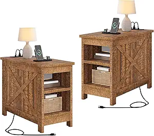 DWVO 2PCS Farmhouse Nightstand with Charging Station & Storage Shelves, Narrow Side Table for Small Spaces Bedroom/Living Room, Brown