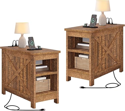 DWVO 2PCS Farmhouse Nightstand with Charging Station & Storage Shelves, Narrow Side Table for Small Spaces Bedroom/Living Room, Brown