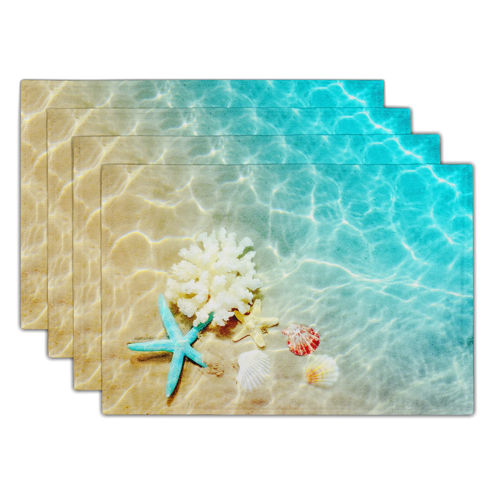 GiwawaOcean Starfish Placemats Set of 4, Nautical Seashell Coral Coastal Linen Table Place Mats for Kitchen Dining Summer Aquatic Life Decoration, Non-Slip Heat-Resistant Washable, 12" x 18"