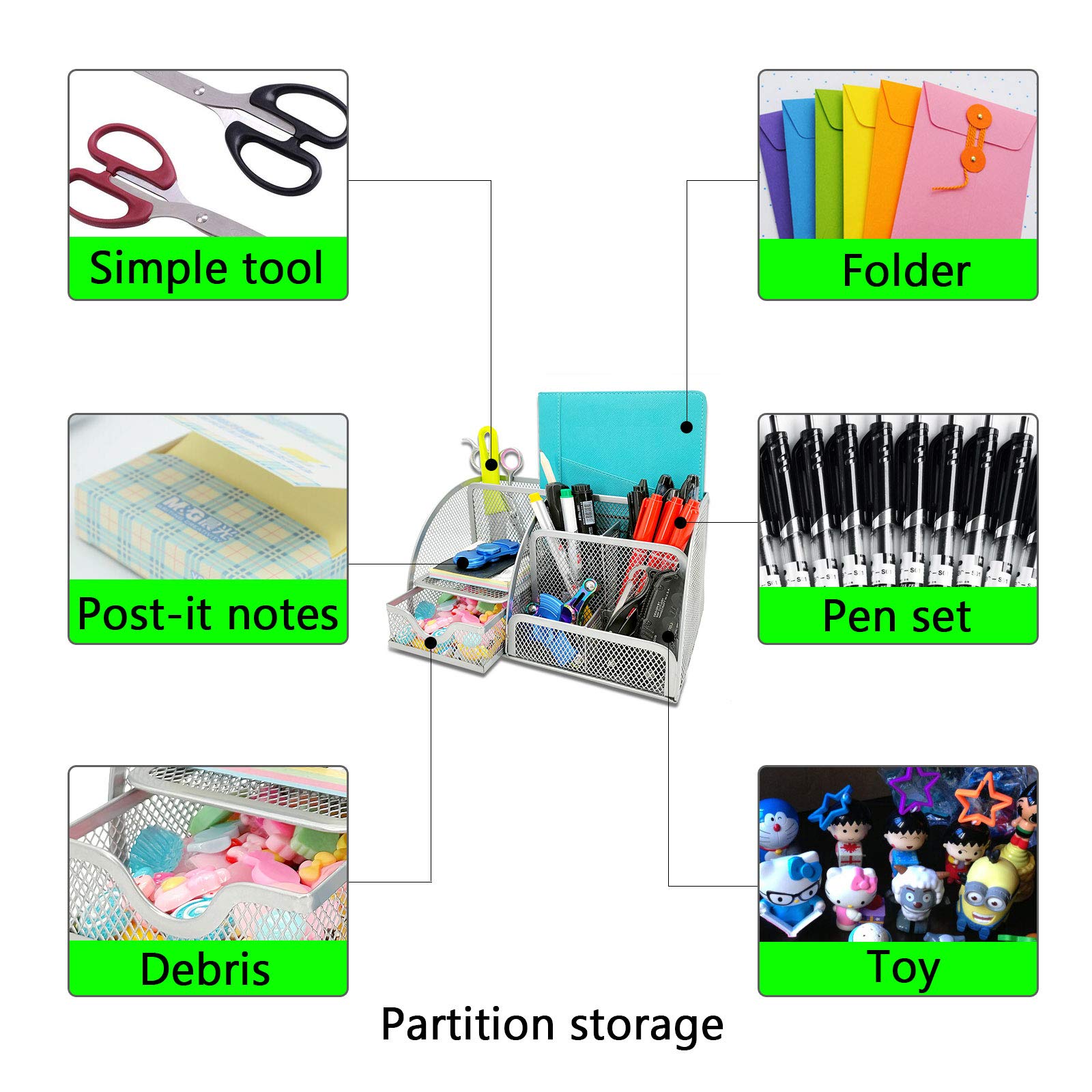 New Office Storage Simple Houseware Mesh Desk Organizer with Sliding Drawer, Five Slot File and Upright Sections - Image 3