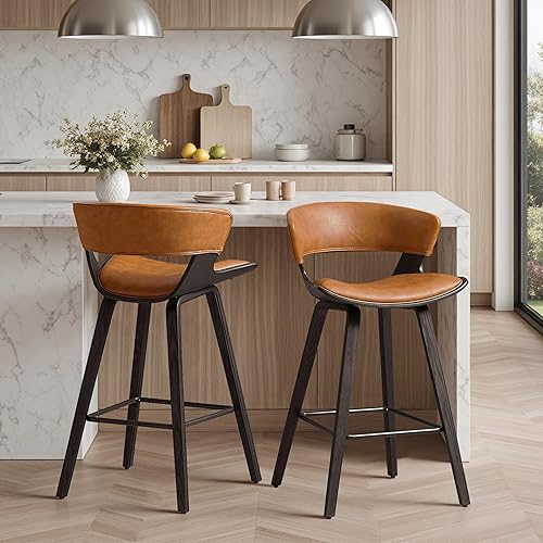 Zouron Juego de 2 taburetes de bar con respaldo, taburetes de madera para isla de cocina, silla alta moderna de mediados de siglo para el hogar,