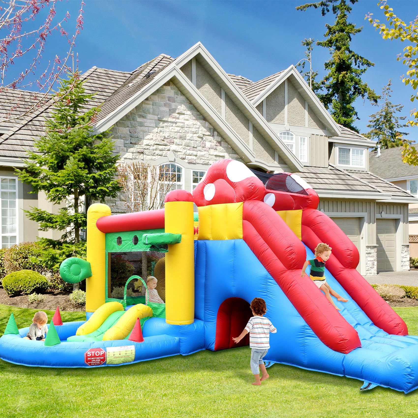 17.6FT Commercial Bounce House for Big Kids 8-12,100% PVC Inflatable Obstacle Course Bounce House with 2 Slide,Climbing Wall,Obstacles,Trampoline,Ball Pool,1100W Blower