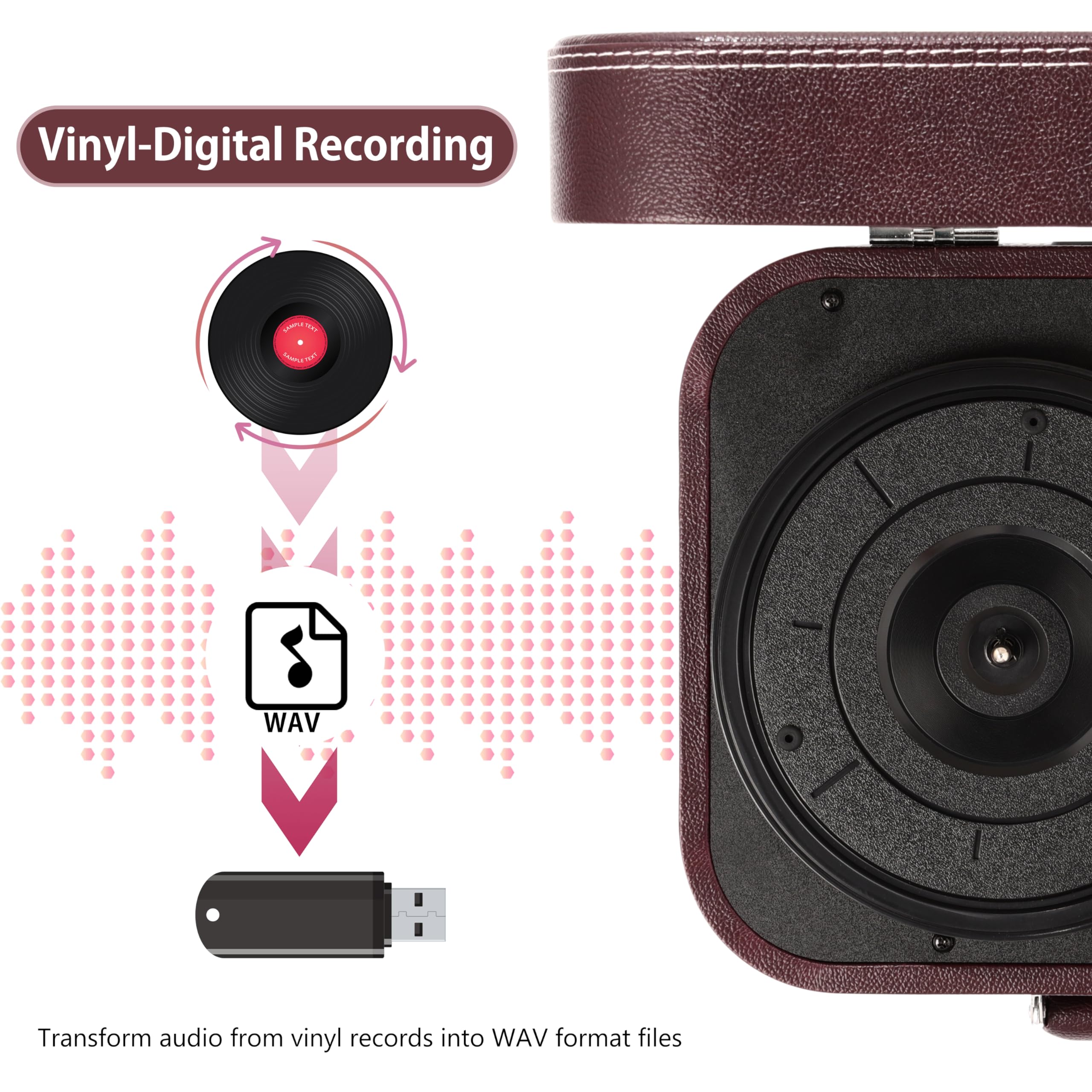 Giradischi Vinile, VOKSUN Giradischi Portatile Vintage con Altoparlanti Incorporati, Bluetooth In/Out Lettore LP Vinile con 3 Velocità, Valigia USB, In AUX, Linea RCA, Jack Cuffie, Auto-Stop (Rosso)