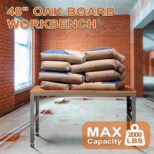 Miniatura 2 de Haddockway Adjustable Workbench for Garage, 48"x 24" Rubber Wood Top Work Bench with Power Outlets, Max 2000 Lbs Load Capacity Heavy Duty