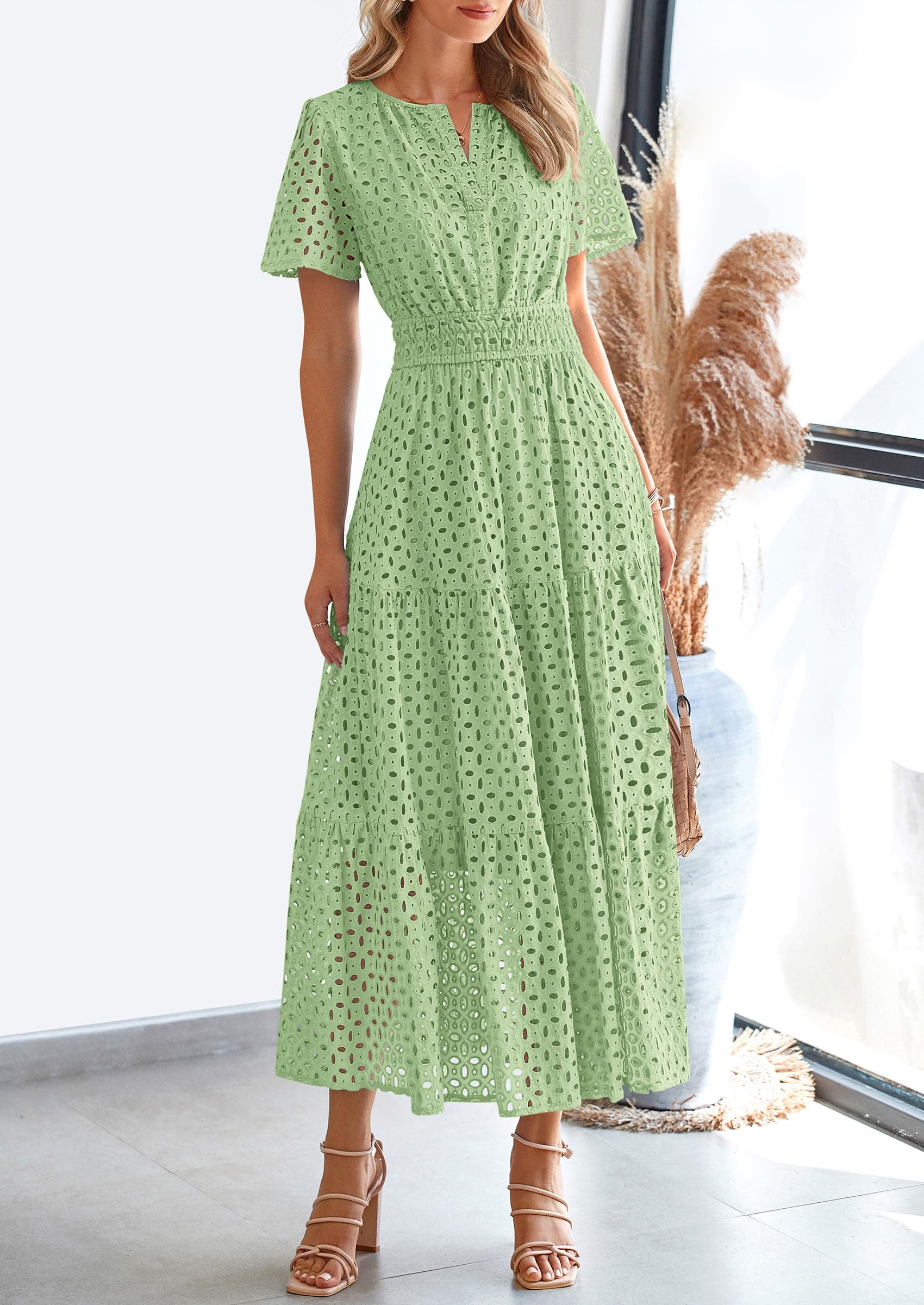 PRETTYGARDEN Womens 2026 Summer Maxi Dress Short Sleeve V Neck Hollow Out Eyelet A Line Long Flowy Beach Vacation Dresses