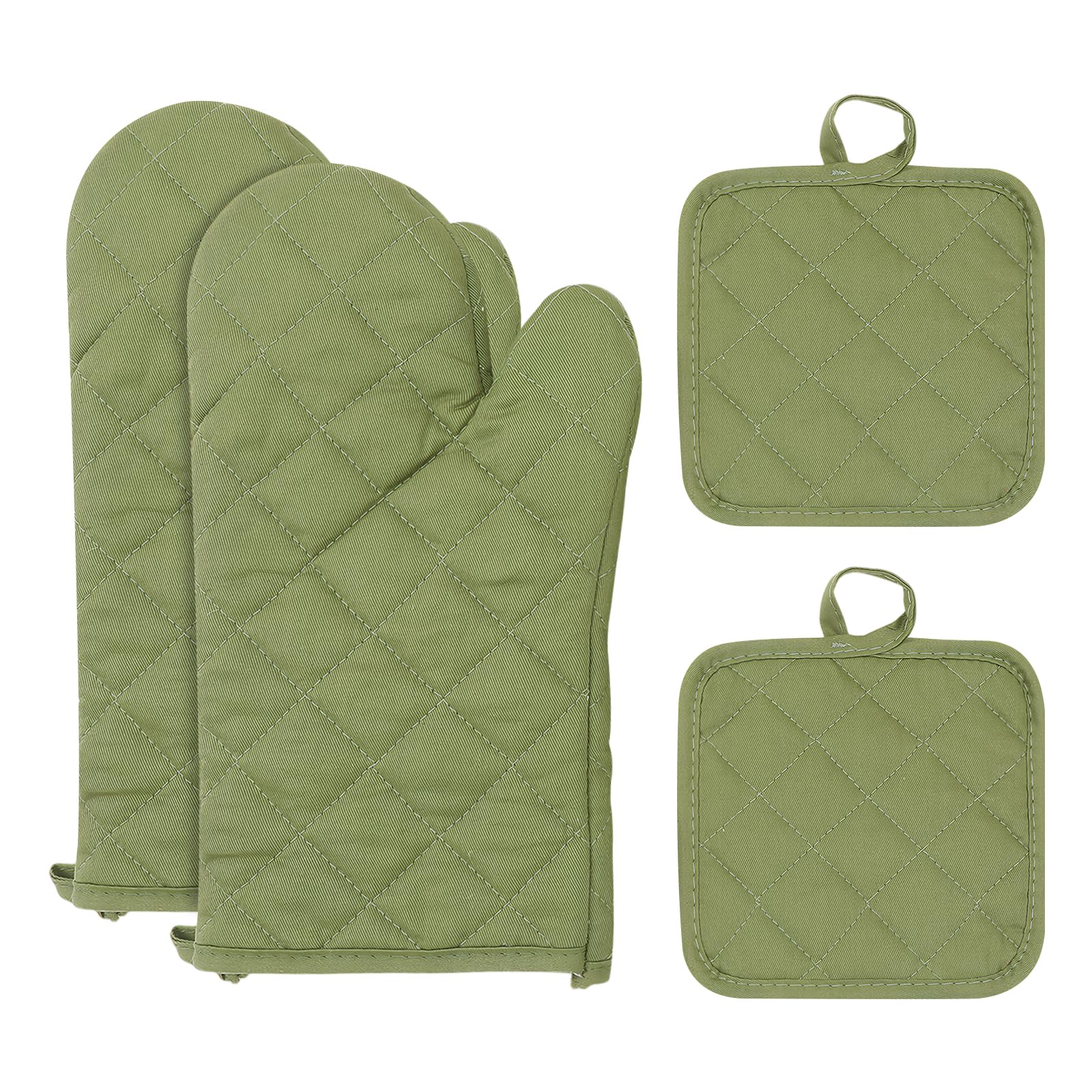 4Pcs Oven Mitts and Pot Holders Sets, Cotton Extra Long Oven Mitts and Hot Pads Sets, Heat Resistant Oven Gloves with Hot Pads for Cooking Grilling Kitchen Baking Grill BBQ Microwave (Army Green)