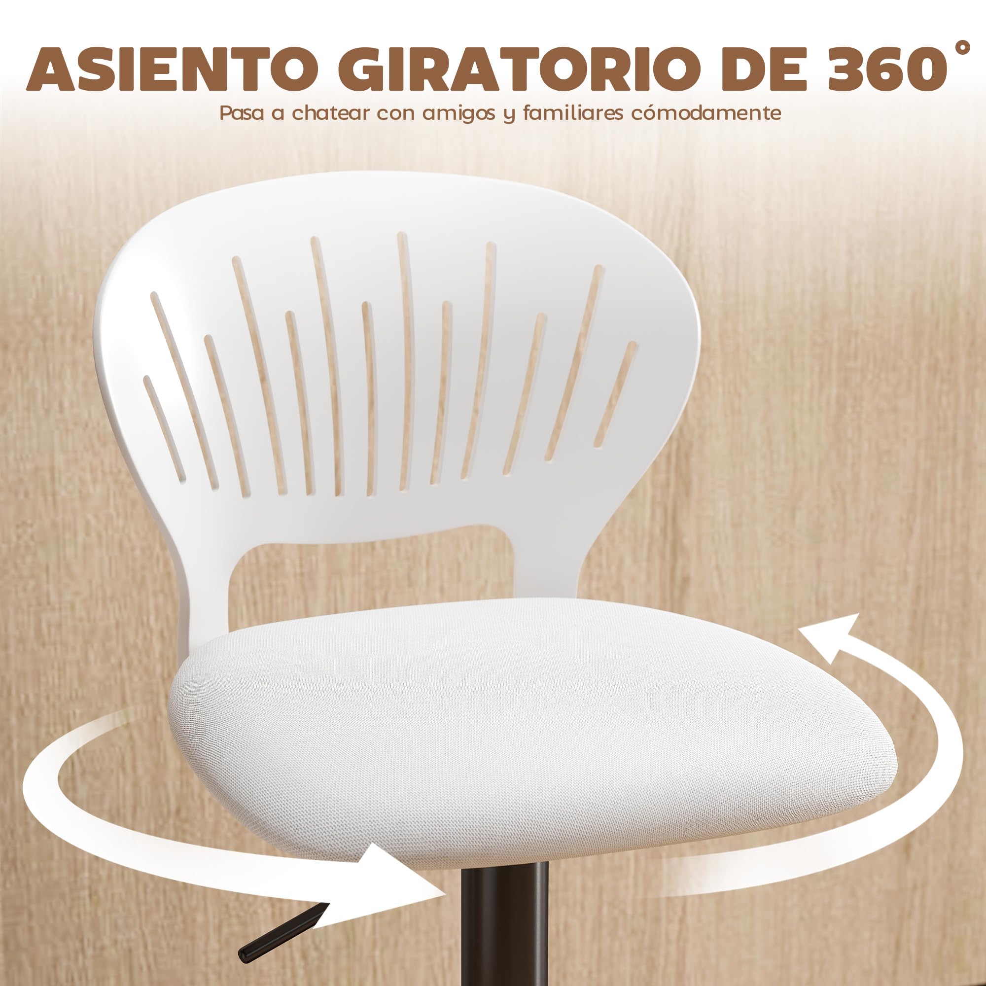 HOMCOM Juego de 2 Taburetes Altos de Cocina Giratorios en 360°, Taburetes de Bar Regulables en Altura de 84-105 cm, Respaldo Hueco, Reposapiés, para Comedor, Mostrador, Blanco