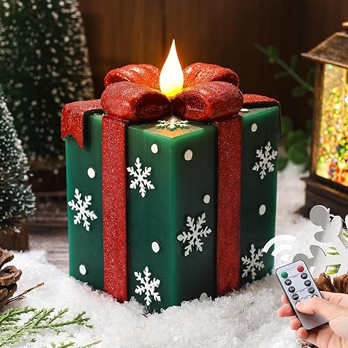 Velas de cajas de regalo iluminadas de Navidad, cinta con purpurina pintada a mano, copos de nieve, cera real, sin llama, funciona con pilas, con